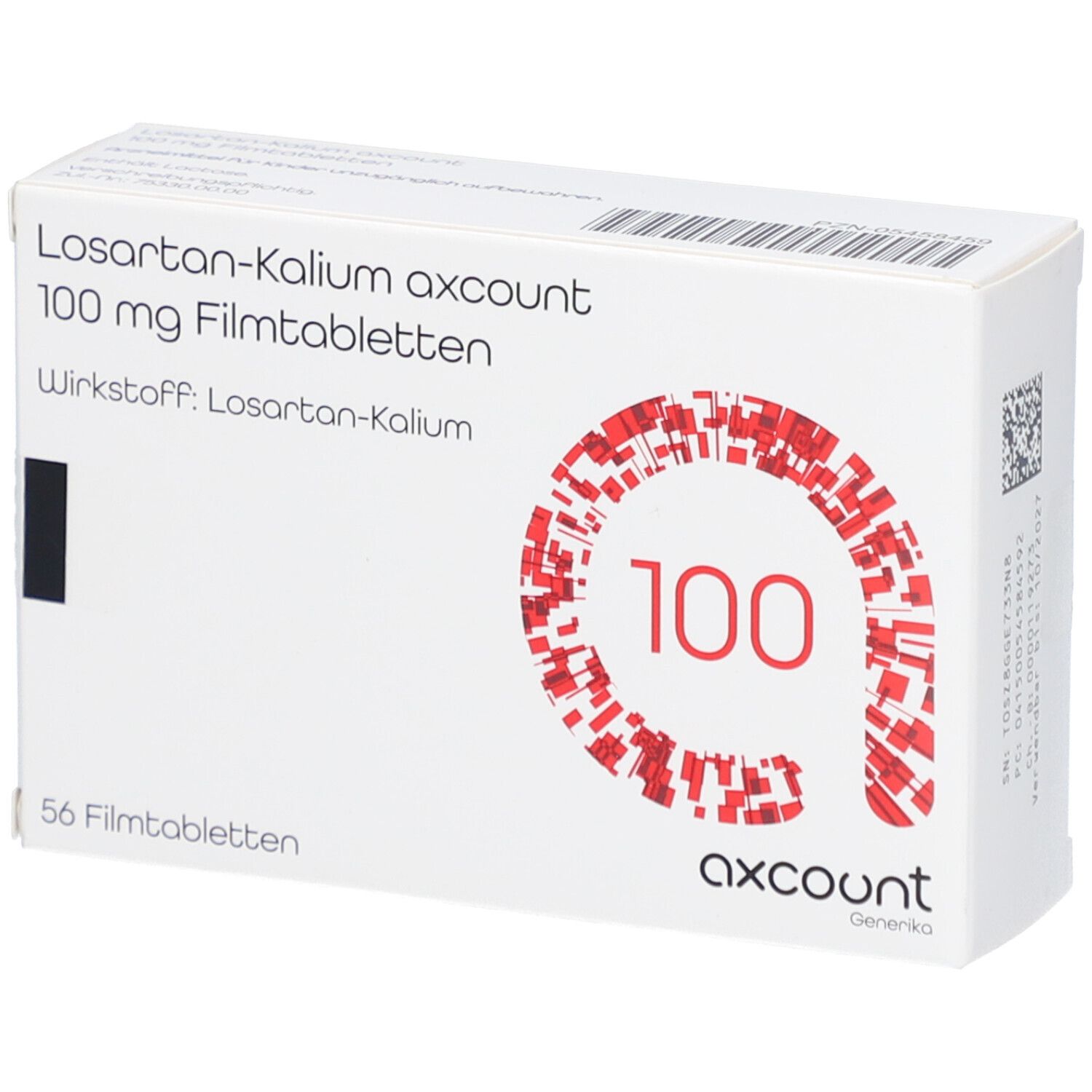 Schachtel mit Losartan-Kalium axcount 100 mg Filmtabletten. Aufdruck: 56 Filmtabletten, Wirkstoff: Losartan-Kalium. Rote Grafik mit Zahl 100.