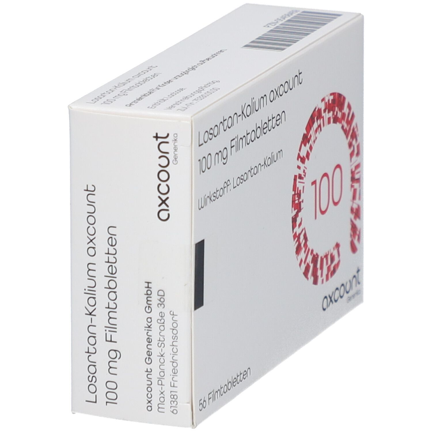 Schachtel mit Losartan-Kalium axcount 100 mg Filmtabletten. Aufdruck: 56 Filmtabletten, Wirkstoff: Losartan-Kalium. Rote Grafik mit Zahl 100. Seitenansicht.