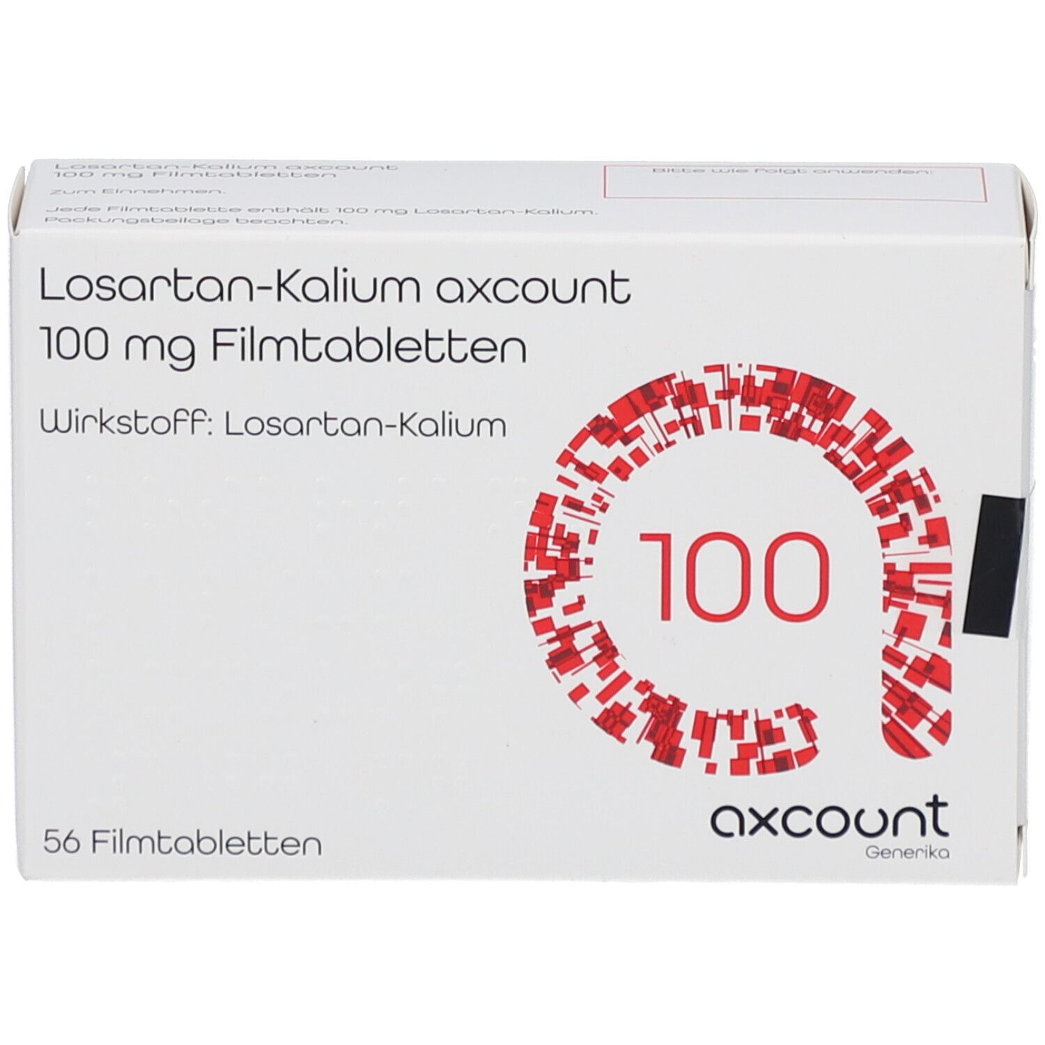 Schachtel mit Losartan-Kalium axcount 100 mg Filmtabletten. Aufdruck: 56 Filmtabletten, Wirkstoff: Losartan-Kalium. Rote Grafik mit Zahl 100.