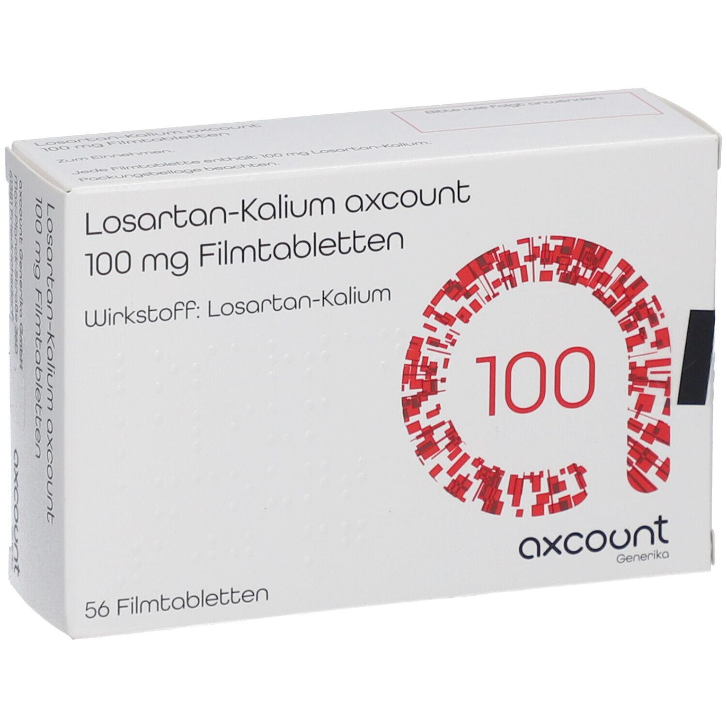Schachtel mit Losartan-Kalium axcount 100 mg Filmtabletten. Aufdruck: 56 Filmtabletten, Wirkstoff: Losartan-Kalium. Rote Grafik mit Zahl 100. Seitenansicht.
