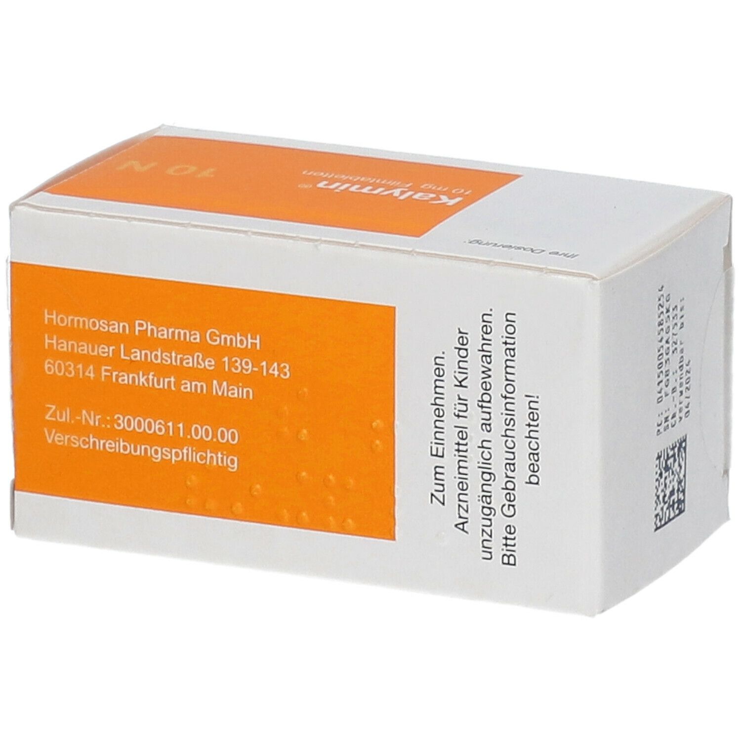 Weiße Schachtel mit orangefarbenem Feld. Aufdruck: Hormosan Pharma GmbH, Anschrift, Zul.-Nr. und weitere Informationen.