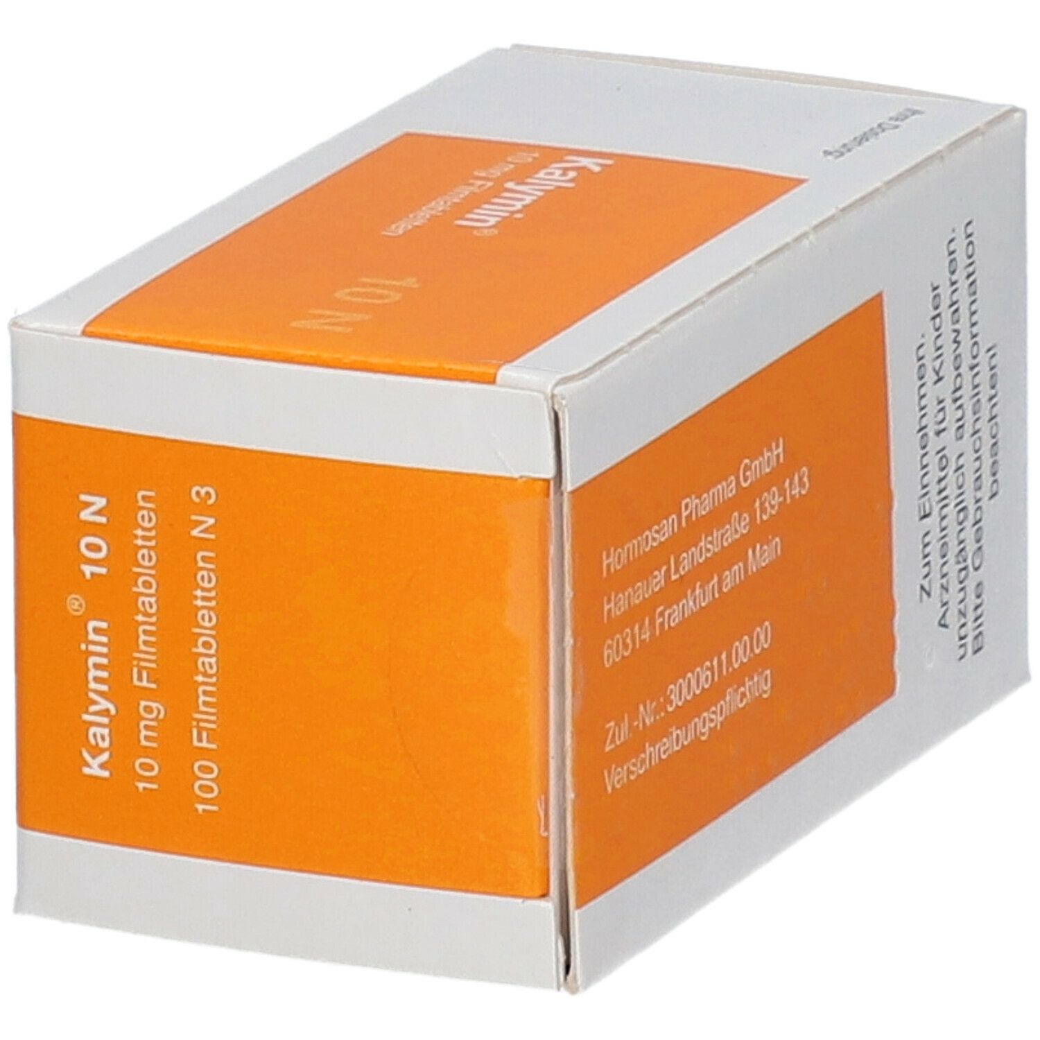Weiße Schachtel mit orangefarbenem Feld. Aufdruck: Kalymin® 10 N, 10 mg Filmtabletten, 100 Filmtabletten N3. Hormosan Pharma GmbH.