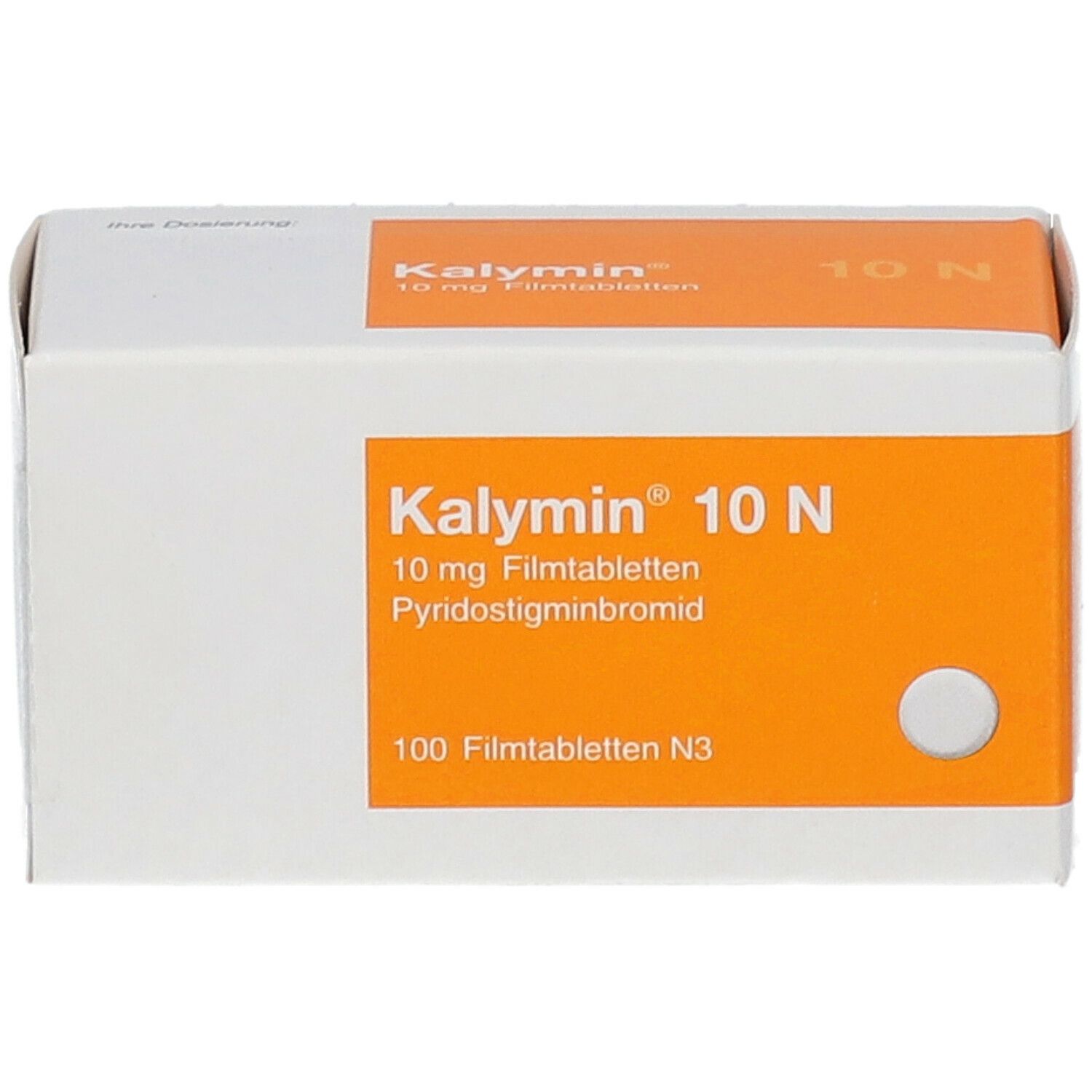 Weiße Schachtel mit orangefarbenem Feld. Aufdruck: Kalymin® 10 N, 10 mg Filmtabletten, 100 Filmtabletten N3.