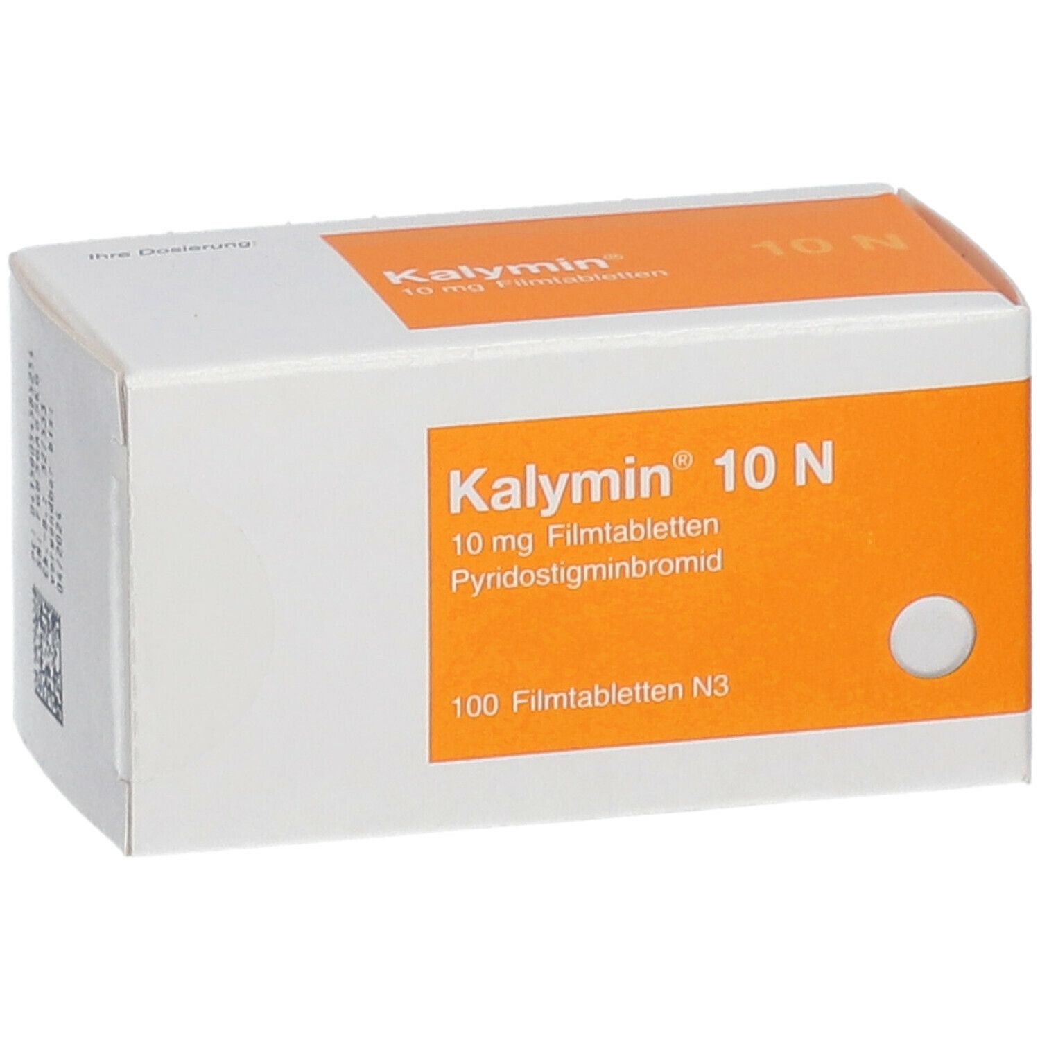 Weiße Schachtel mit orangefarbenem Feld. Aufdruck: Kalymin® 10 N, 10 mg Filmtabletten, 100 Filmtabletten N3.