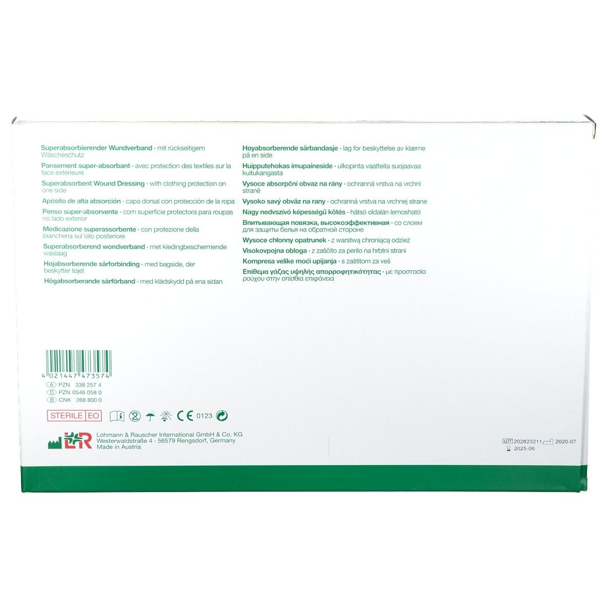 Rückseite der Verpackung mit Text in verschiedenen Sprachen. Logo: Lohmann & Rauscher. Mit Barcode und Zertifizierungen.