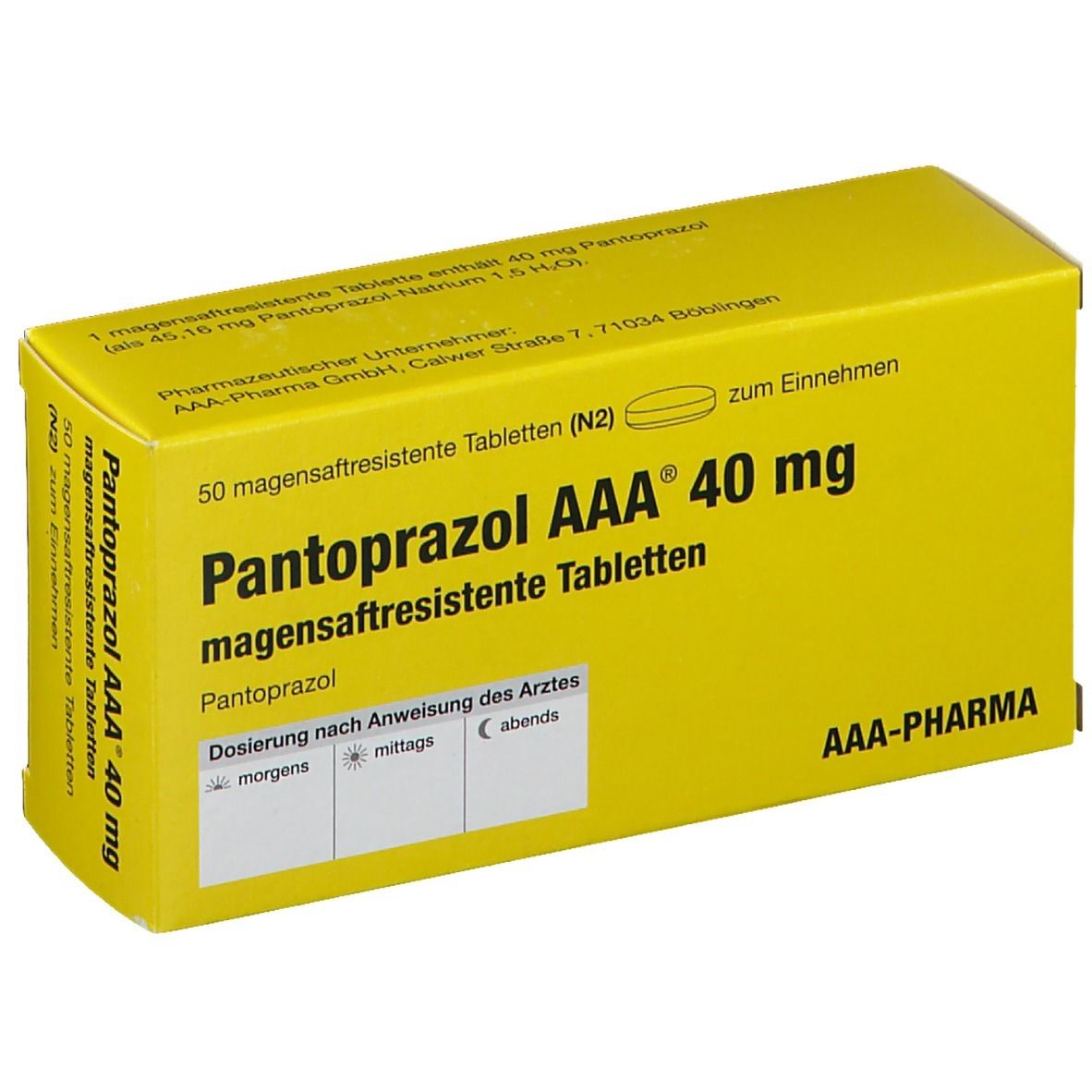 Gelbe Schachtel mit Aufschrift Pantoprazol AAA 40 mg magensaftresistente Tabletten. Enthält 50 Tabletten.