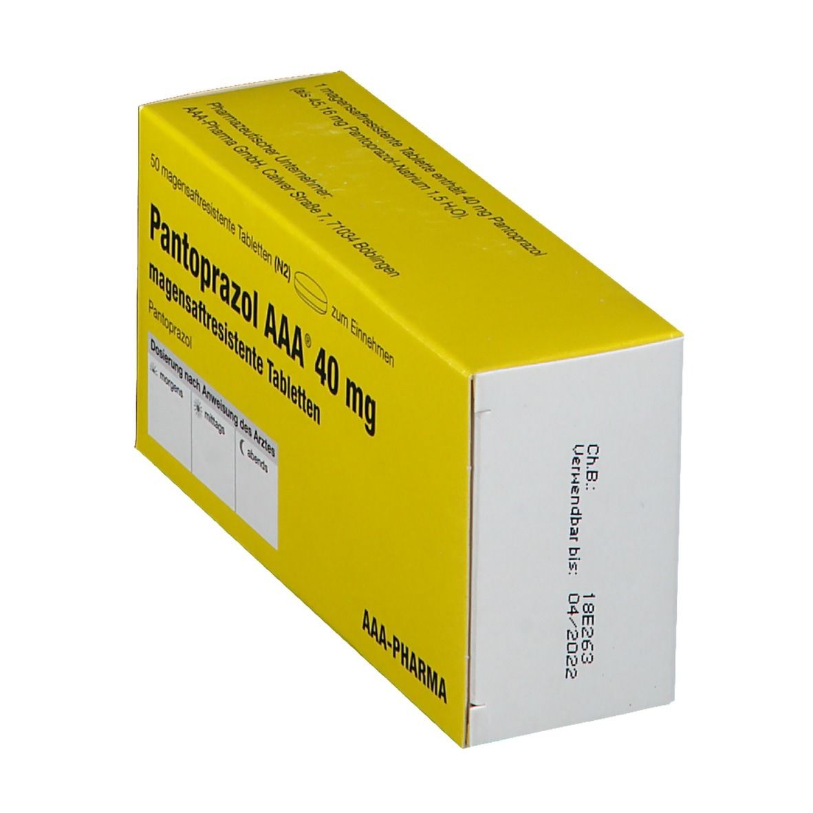 Gelbe Schachtel mit Aufschrift Pantoprazol AAA 40 mg. Sichtbar: Haltbarkeitsdatum 04/2022.