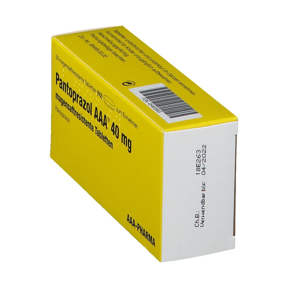 Gelbe Schachtel mit Aufschrift Pantoprazol AAA 40 mg. Barcode und Haltbarkeitsdatum 04/2022 sichtbar.