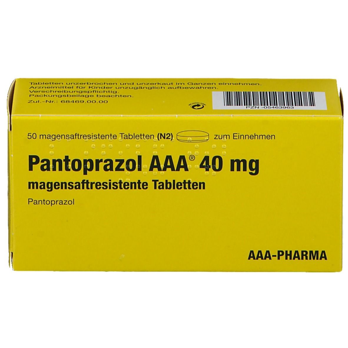 Gelbe Schachtel mit Aufschrift Pantoprazol AAA 40 mg magensaftresistente Tabletten. 50 Tabletten.