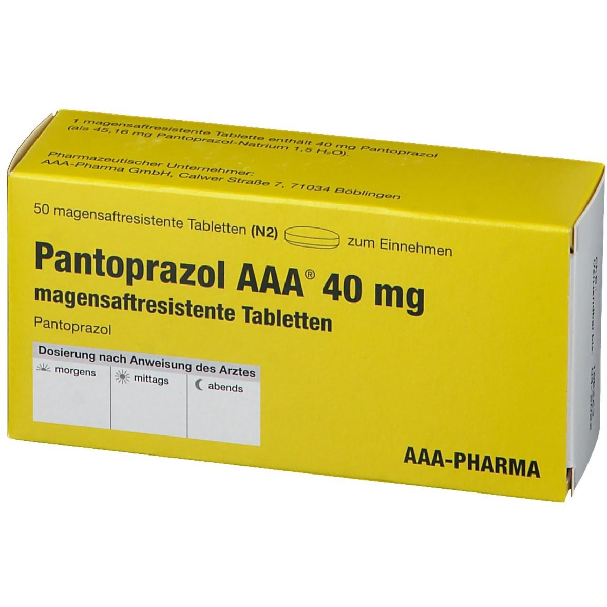 Gelbe Schachtel mit Aufschrift Pantoprazol AAA 40 mg magensaftresistente Tabletten. 50 Tabletten.