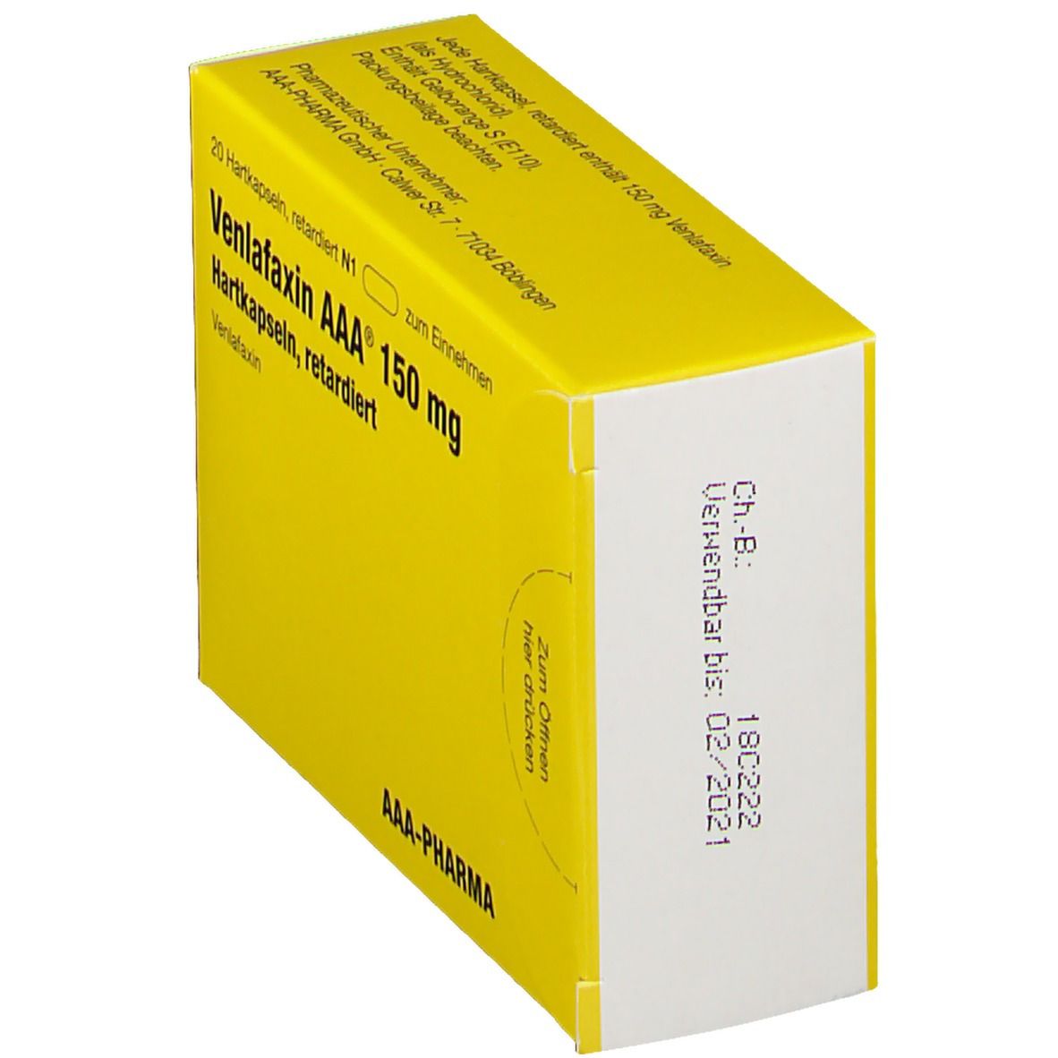 Gelbe Schachtel, Seitenansicht. Aufschrift Venlafaxin AAA 150 mg. Haltbarkeitsdatum 02/2021. AAA-PHARMA.