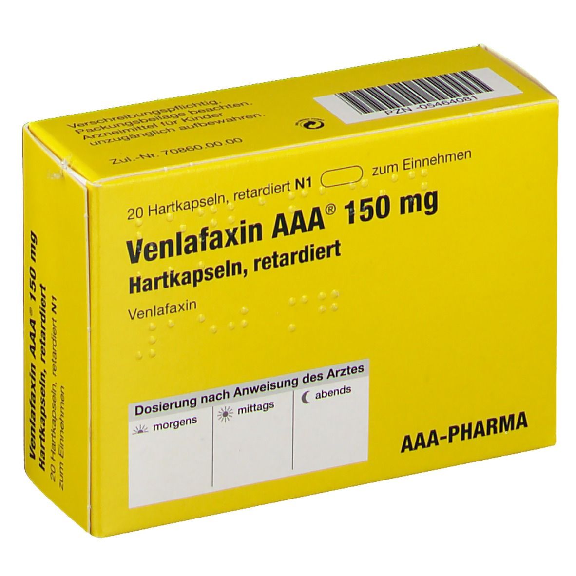 Gelbe Schachtel mit Aufschrift Venlafaxin AAA 150 mg. Enthält 20 Hartkapseln. Dosierungshinweise. AAA-PHARMA Logo.