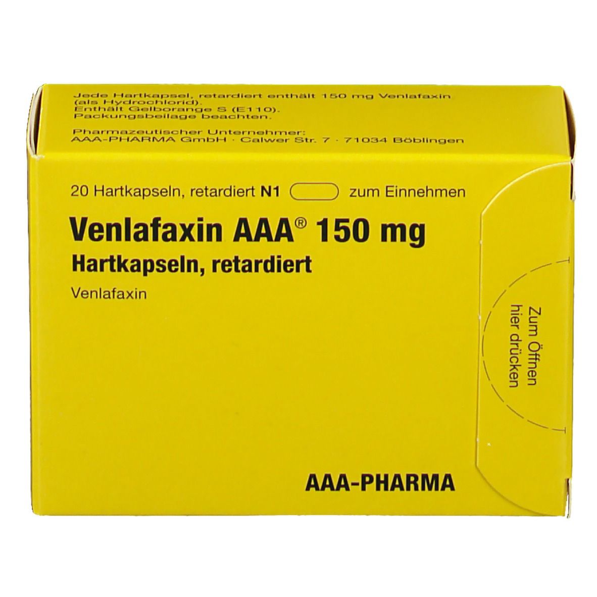 Gelbe Schachtel mit Aufschrift Venlafaxin AAA 150 mg. Enthält 20 Hartkapseln. AAA-PHARMA Logo. Zum Öffnen.
