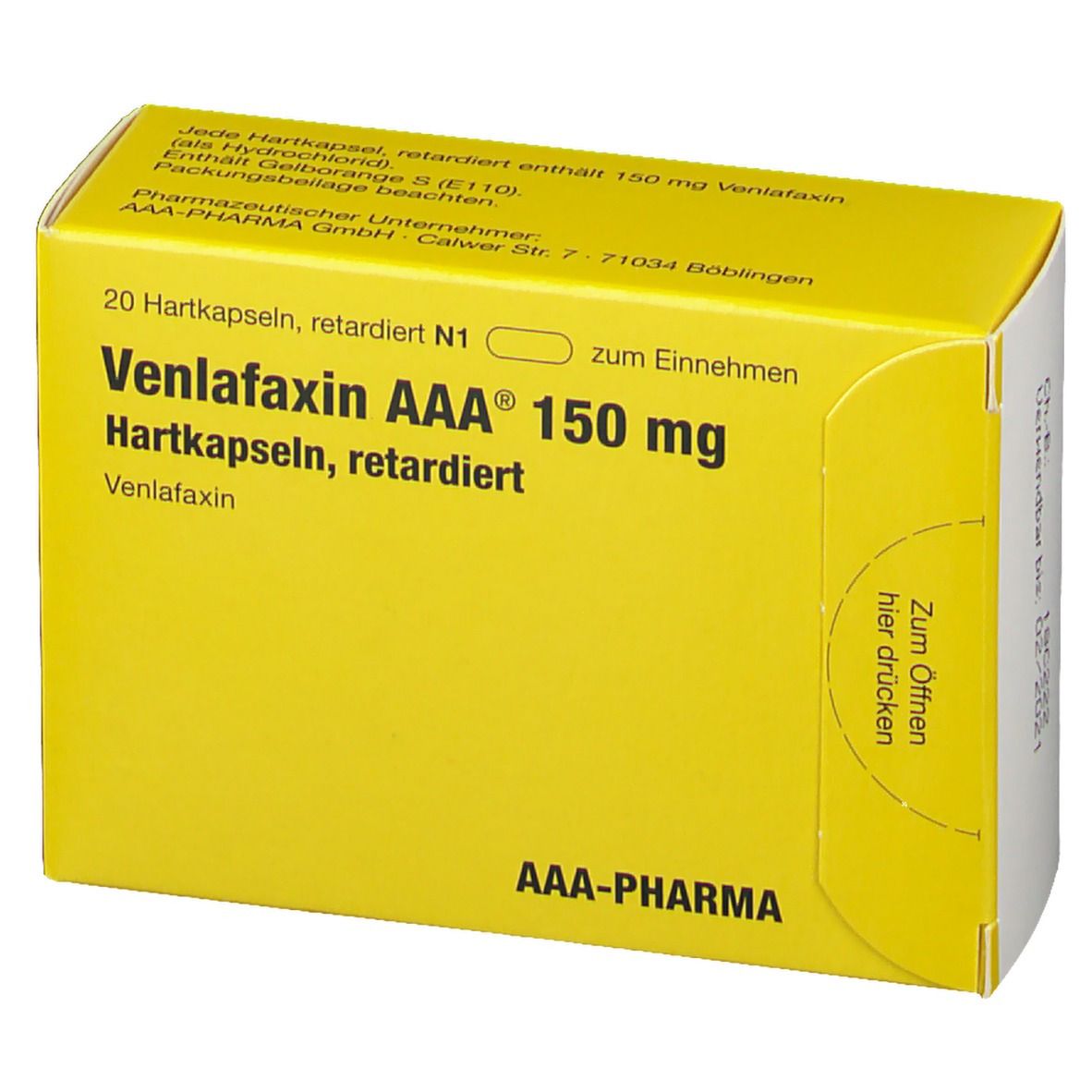 Gelbe Schachtel mit Aufschrift Venlafaxin AAA 150 mg. Enthält 20 Hartkapseln. AAA-PHARMA Logo. Zum Öffnen.