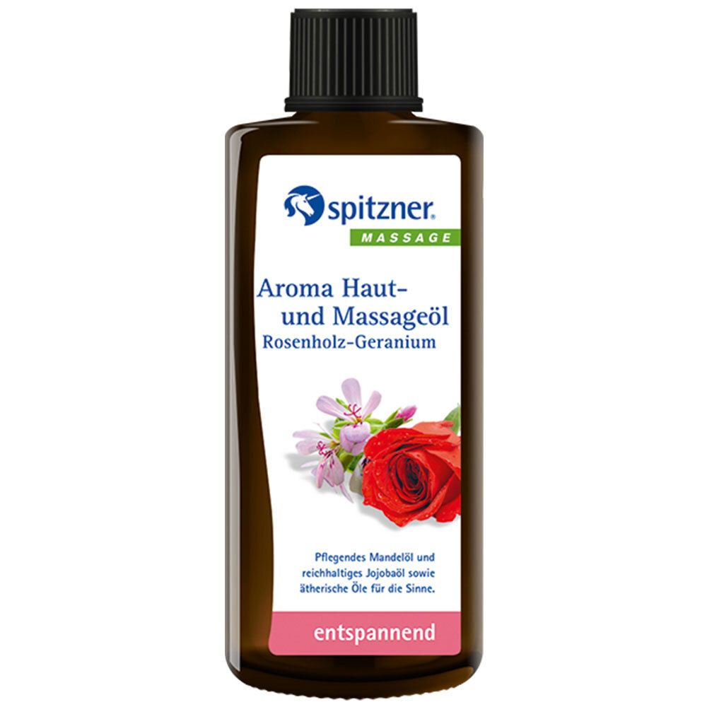 Braune Flasche mit schwarzem Deckel. Etikett mit Produktnamen, Logo und Rosen-Illustration. Text: Aroma Haut- und Massageöl Rosenholz-Geranium.