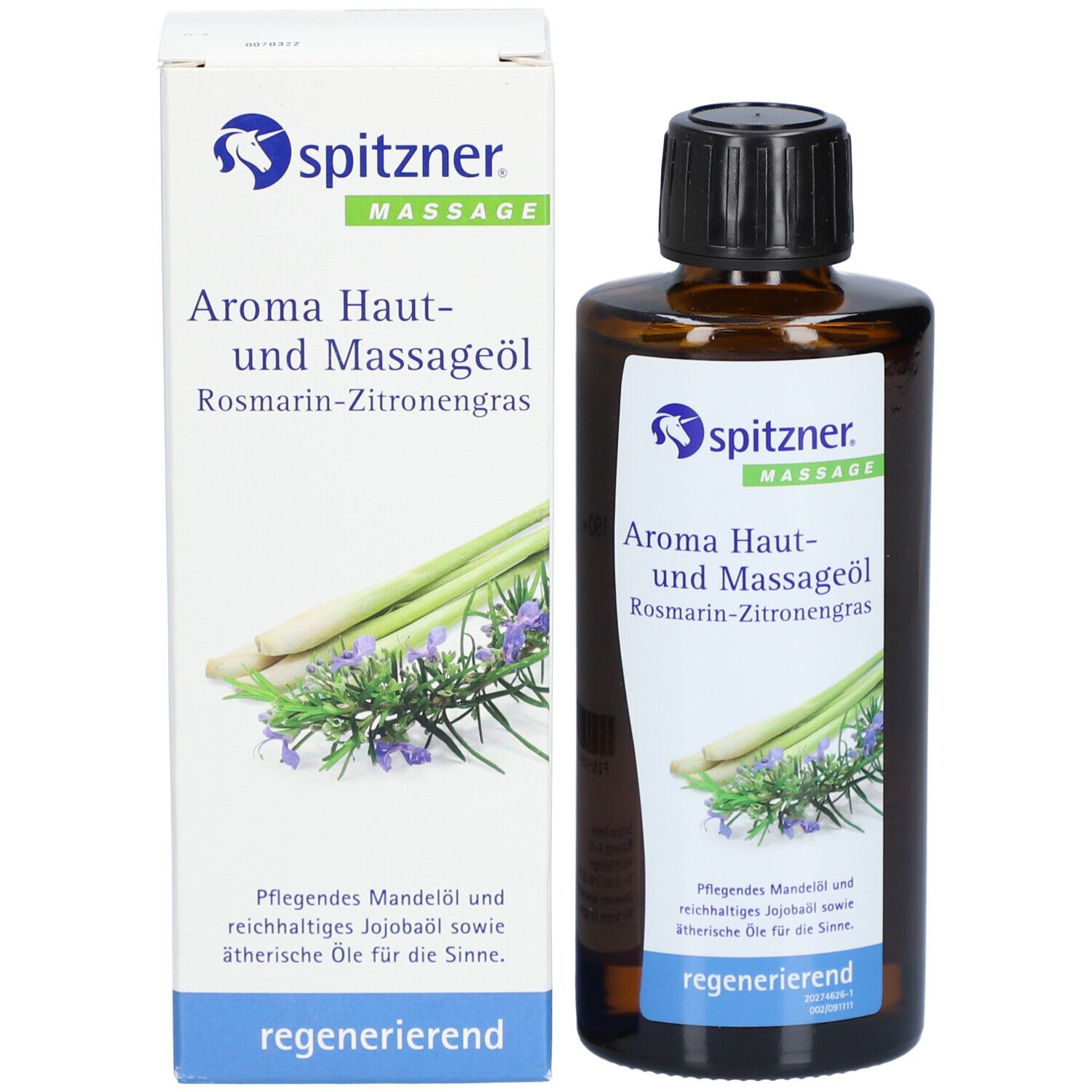Produktflasche und Verpackung. Flasche braun, Verpackung weiß mit Produktnamen und Illustrationen.
