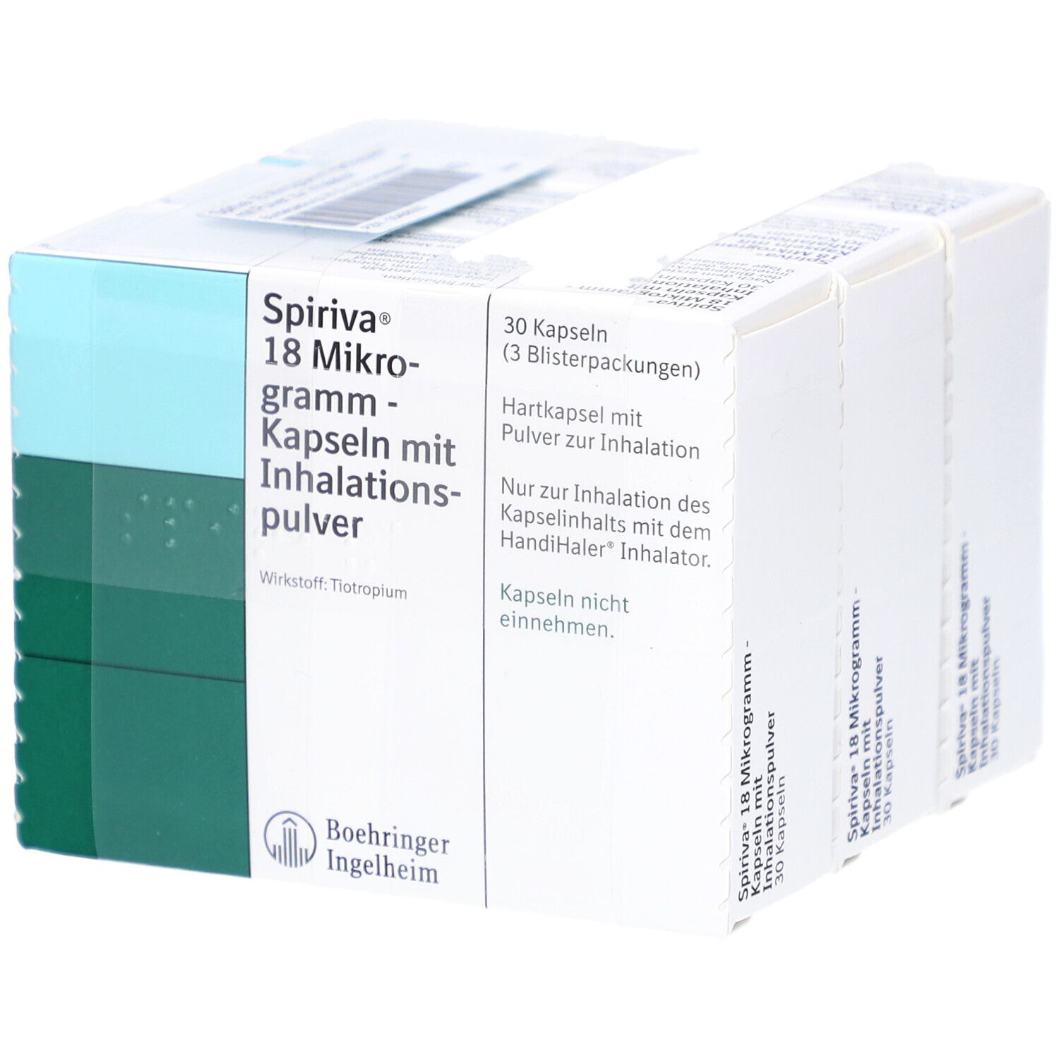 Packung SPIRIVA 18 Mikrogramm Hartkapseln mit Inhalationspulver. 30 Kapseln. Boehringer Ingelheim Logo.