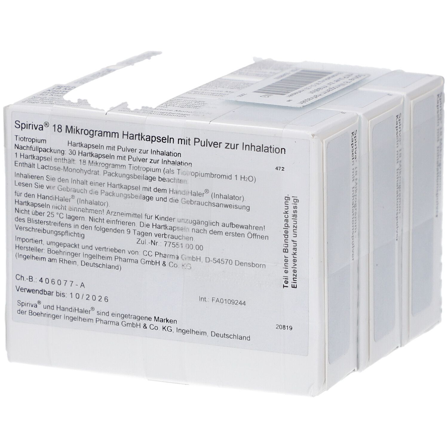Mehrere Packungen SPIRIVA 18 Mikrogramm Hartkapseln. Weiße Kartons mit Produktinformationen und Barcode. Aufschrift: "SPIRIVA 18 Mikrogramm Hartkapseln mit Pulver zur Inhalation".