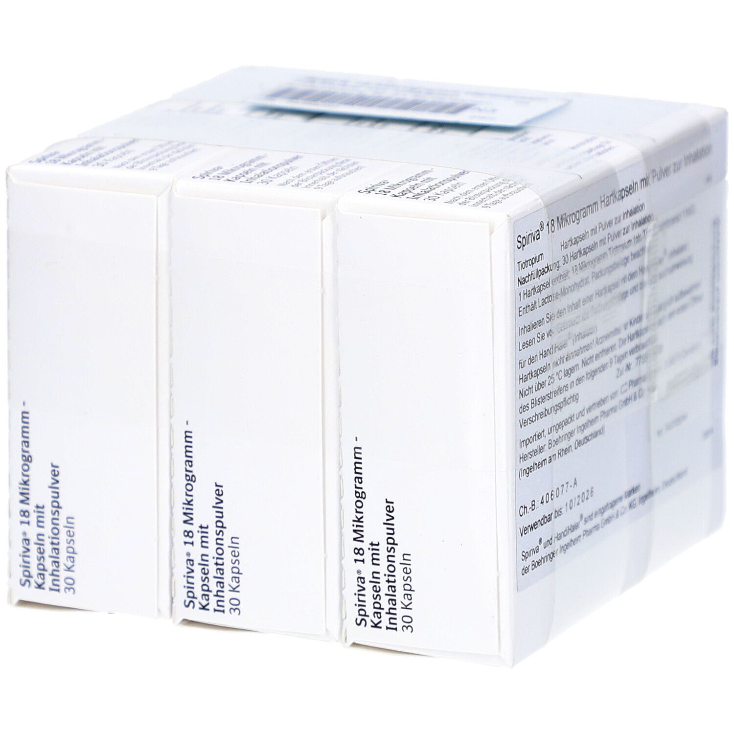 Mehrere Packungen SPIRIVA 18 Mikrogramm Hartkapseln. Weiße Kartons mit Produktinformationen. Aufschrift: "SPIRIVA 18 Mikrogramm Hartkapseln mit Inhalationspulver".