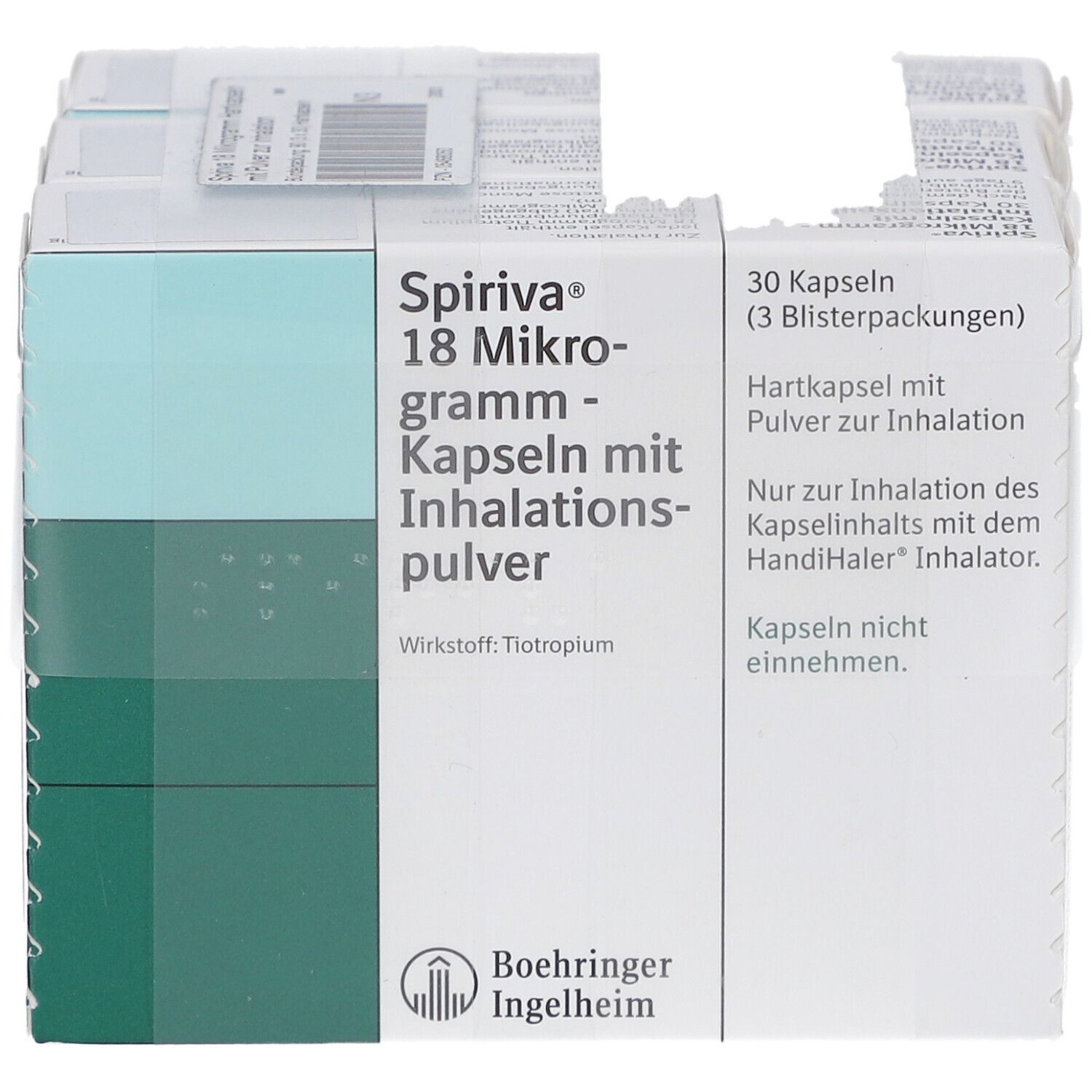 SPIRIVA 18 Mikrogramm Hartkapseln Packung. Weißer Karton mit grünen Akzenten. Aufschrift: "SPIRIVA 18 Mikrogramm Kapseln mit Inhalationspulver". Logo Boehringer Ingelheim.