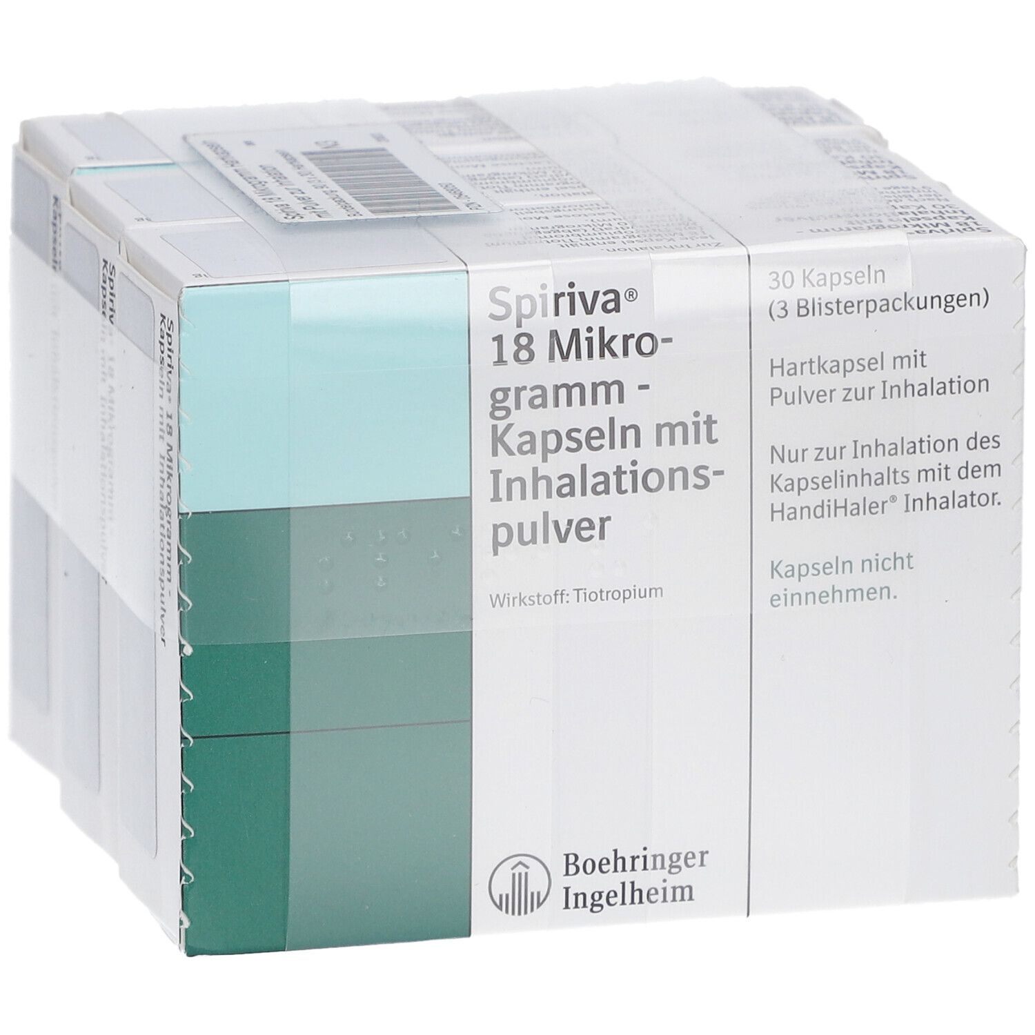 Mehrere Packungen SPIRIVA 18 Mikrogramm Hartkapseln. Weiße Kartons mit grünen Akzenten. Aufschrift: "SPIRIVA 18 Mikrogramm Kapseln mit Inhalationspulver". Logo Boehringer Ingelheim.