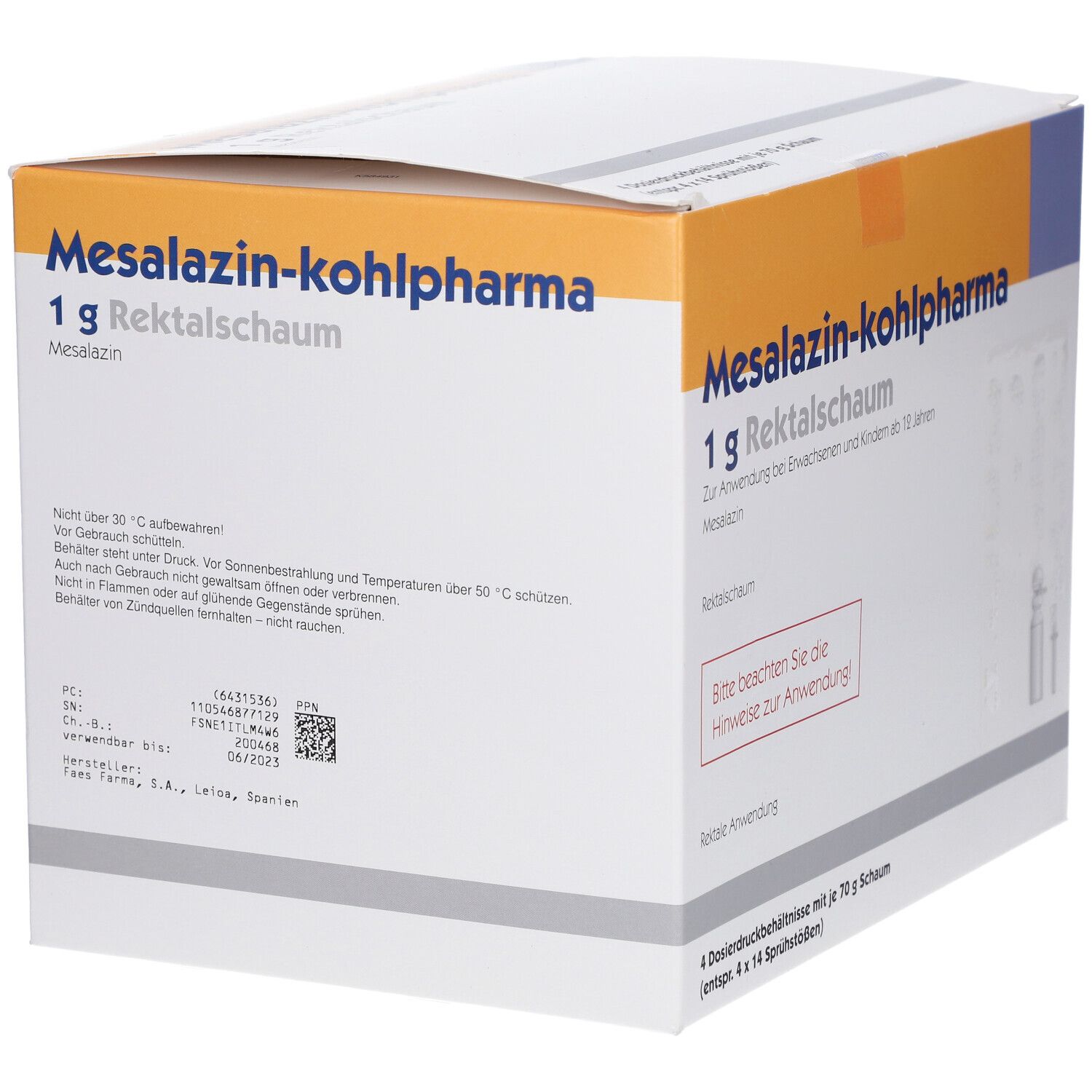 Karton von Mesalazin-kohlpharma 1 g Rektalschaum. Enthält Produktinformationen und QR-Code. Orange und weiße Farbgebung.