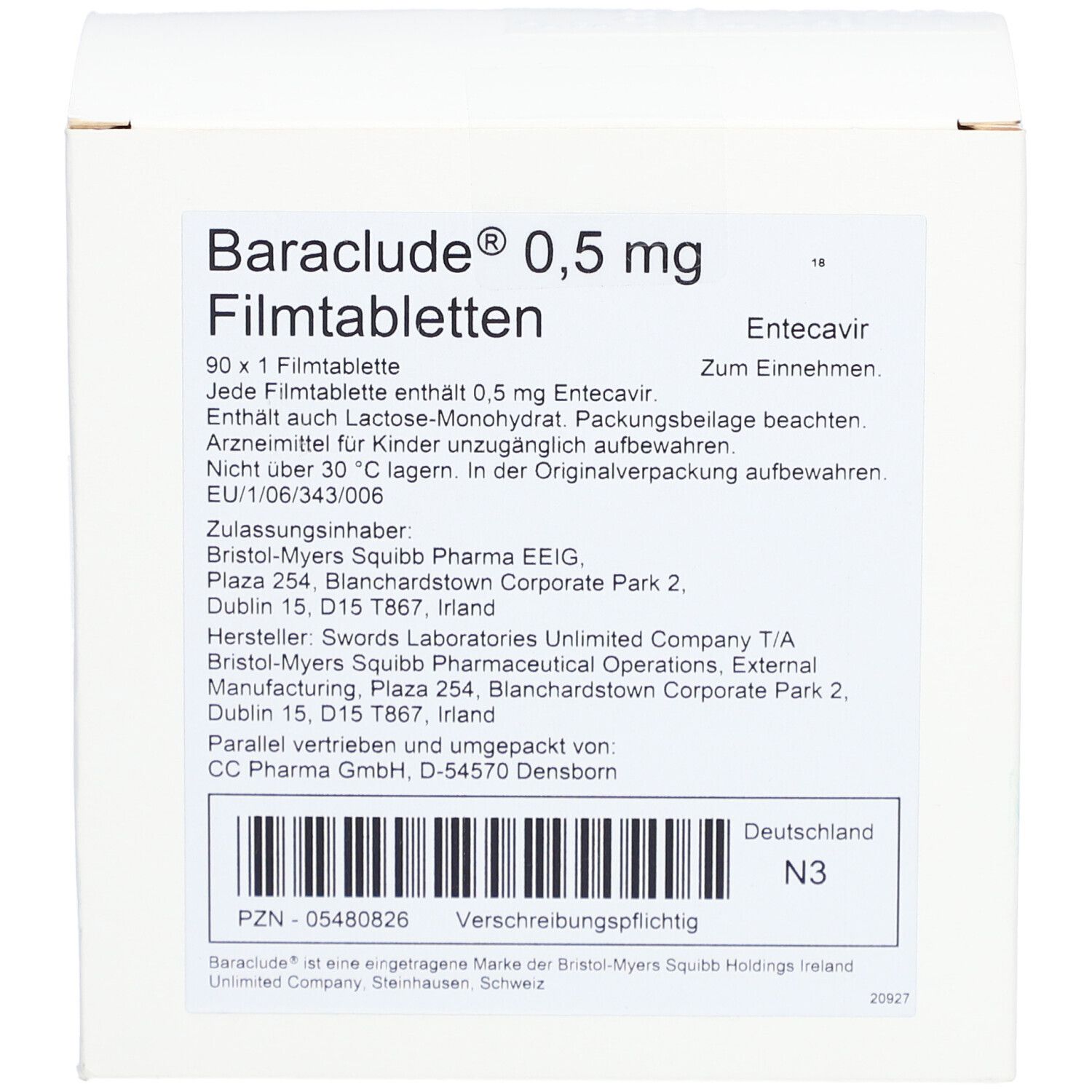 Weiße Faltschachtel mit Aufdruck. Beschriftung: Baraclude 0,5 mg Filmtabletten. Enthält Informationen und Barcode. Text in Deutsch.
