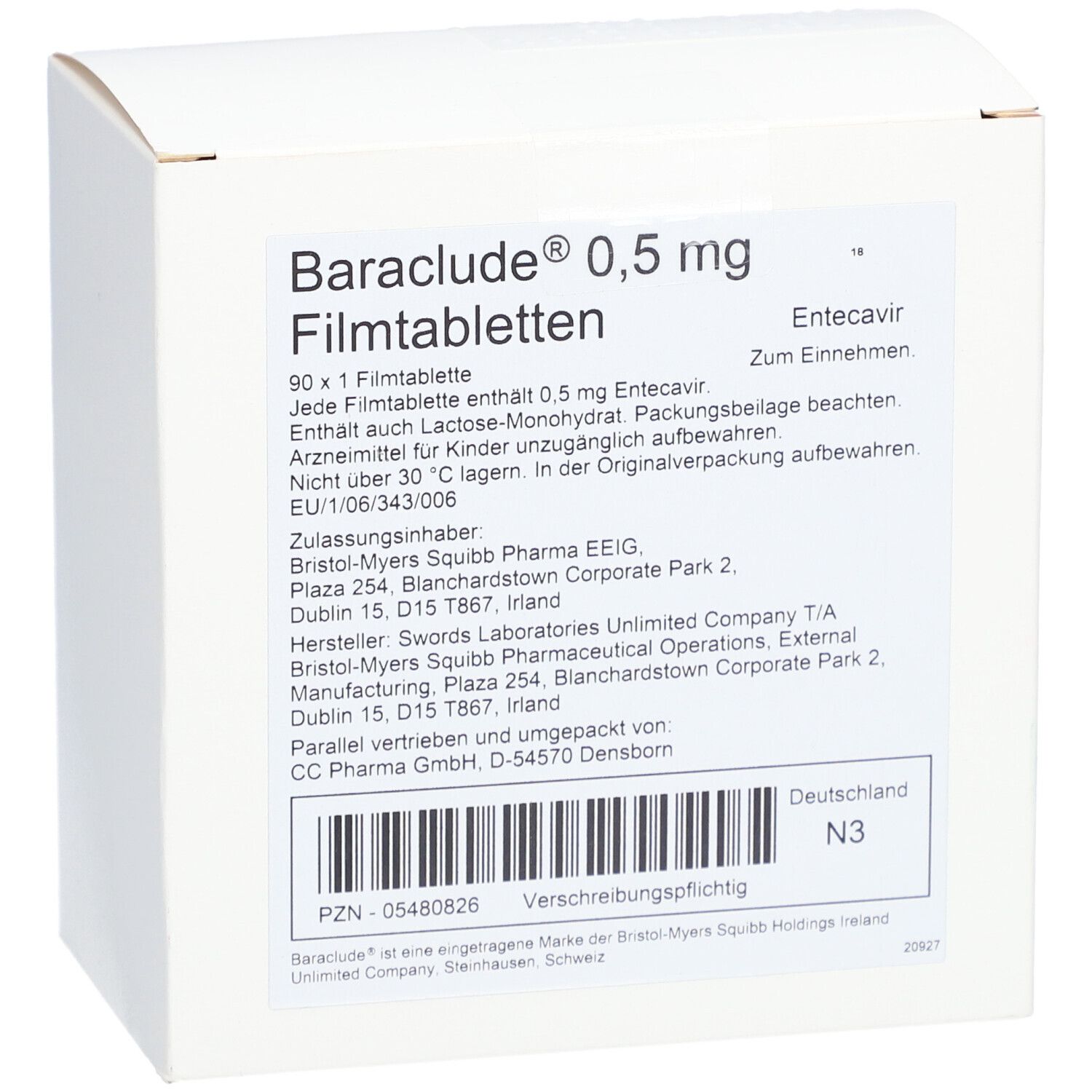 Weiße Faltschachtel mit Aufdruck. Beschriftung: Baraclude 0,5 mg Filmtabletten. Enthält Informationen und Barcode. Text in Deutsch.