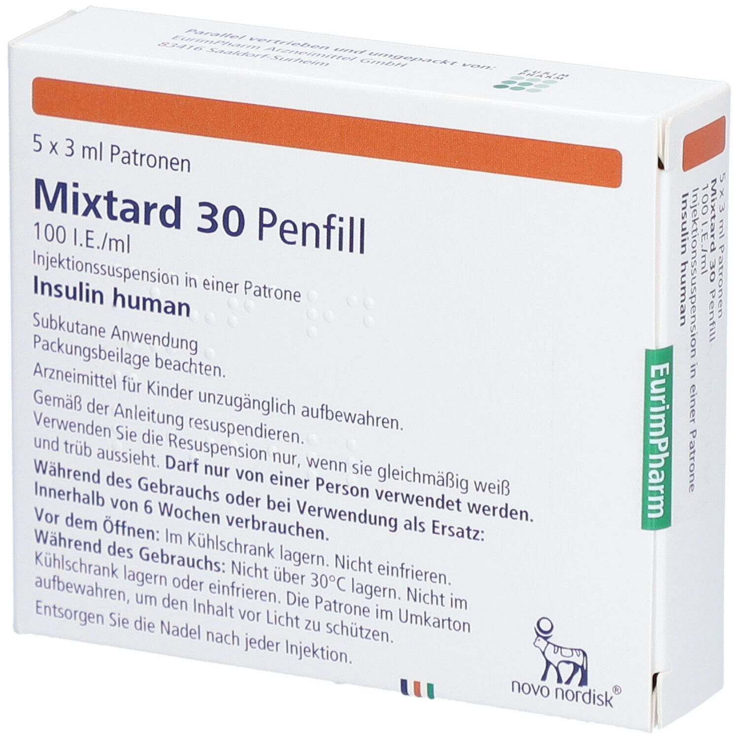 Verpackung von Mixtard 30 Penfill. 5x3 ml Patronen. 100 I.E./ml. Insulin human. Weißer Karton mit Text und Logo.