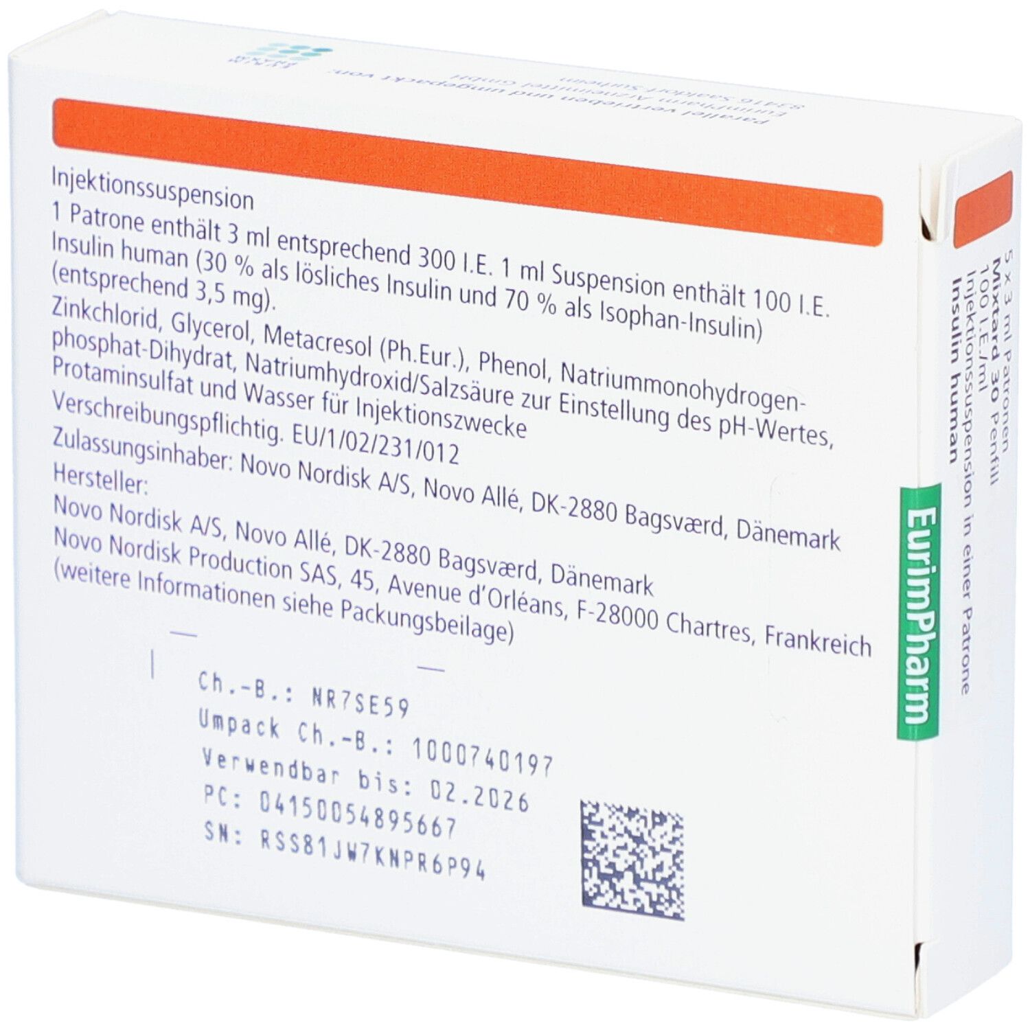 Rückseite der Mixtard 30 Penfill Verpackung. Text mit Inhaltsstoffen und Herstellerinformationen. Weißer Karton mit Text.