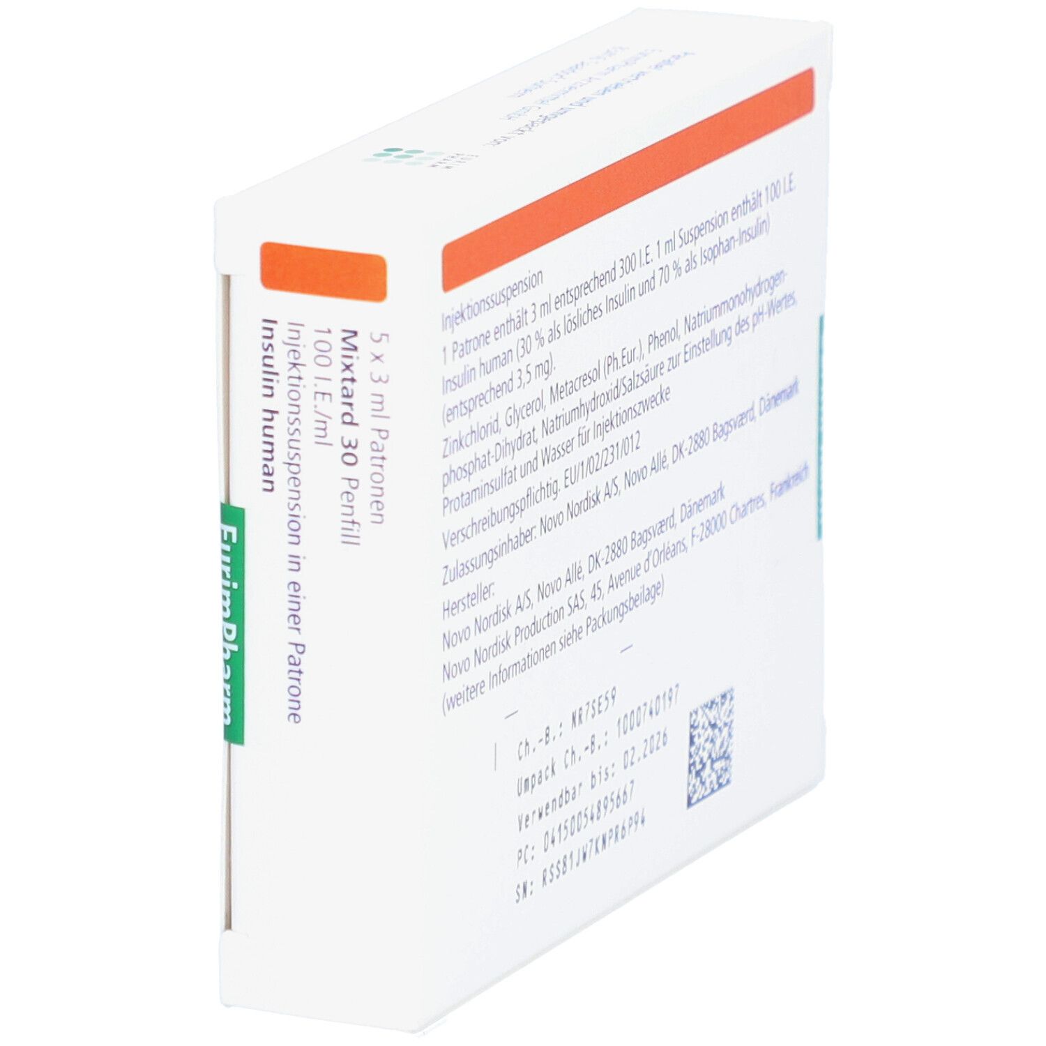 Schrägansicht der Rückseite der Mixtard 30 Penfill Verpackung. Text mit Inhaltsstoffen und Herstellerinformationen. Weißer Karton.