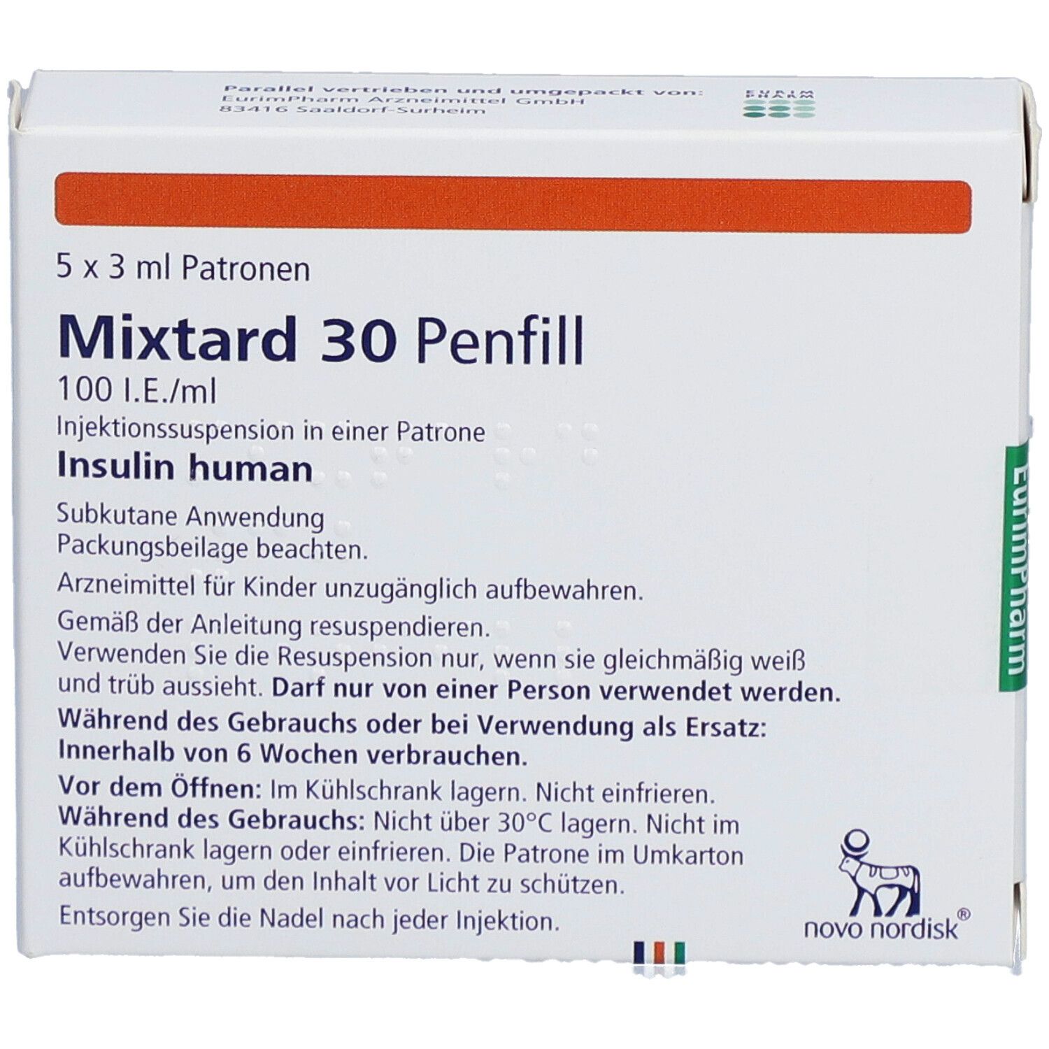 Mixtard 30 Penfill Verpackung. 5x3 ml Patronen. 100 I.E./ml. Insulin human. Weißer Karton mit Text und Logo.