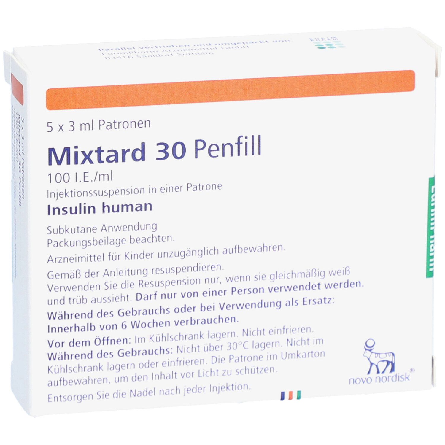 Mixtard 30 Penfill Verpackung. 5x3 ml Patronen. 100 I.E./ml. Insulin human. Weißer Karton mit Text und Logo.