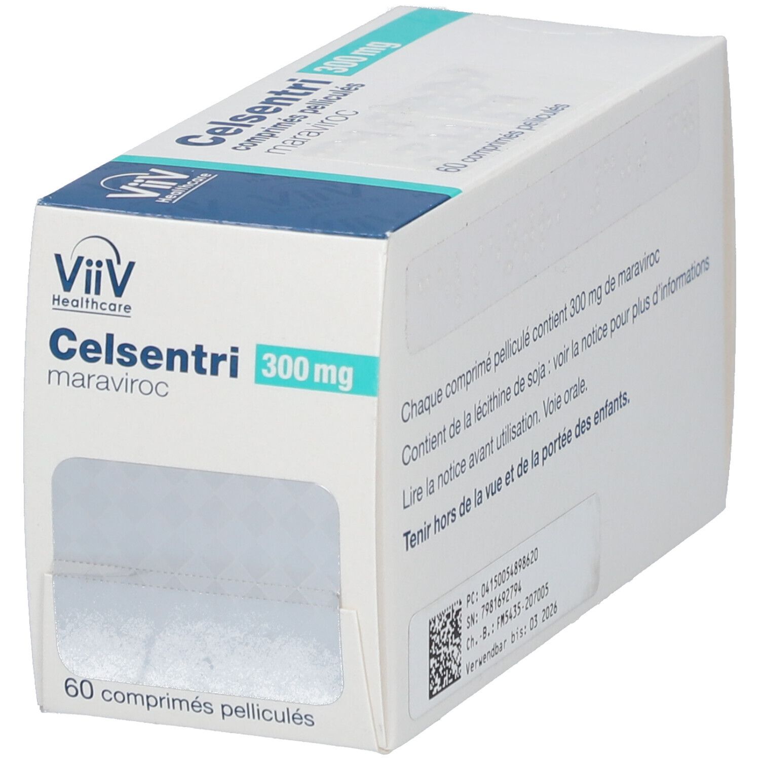 Celsentri 300 mg Packung, schräg. ViiV Healthcare Logo. Text in Deutsch und Französisch. 60 Tabletten.