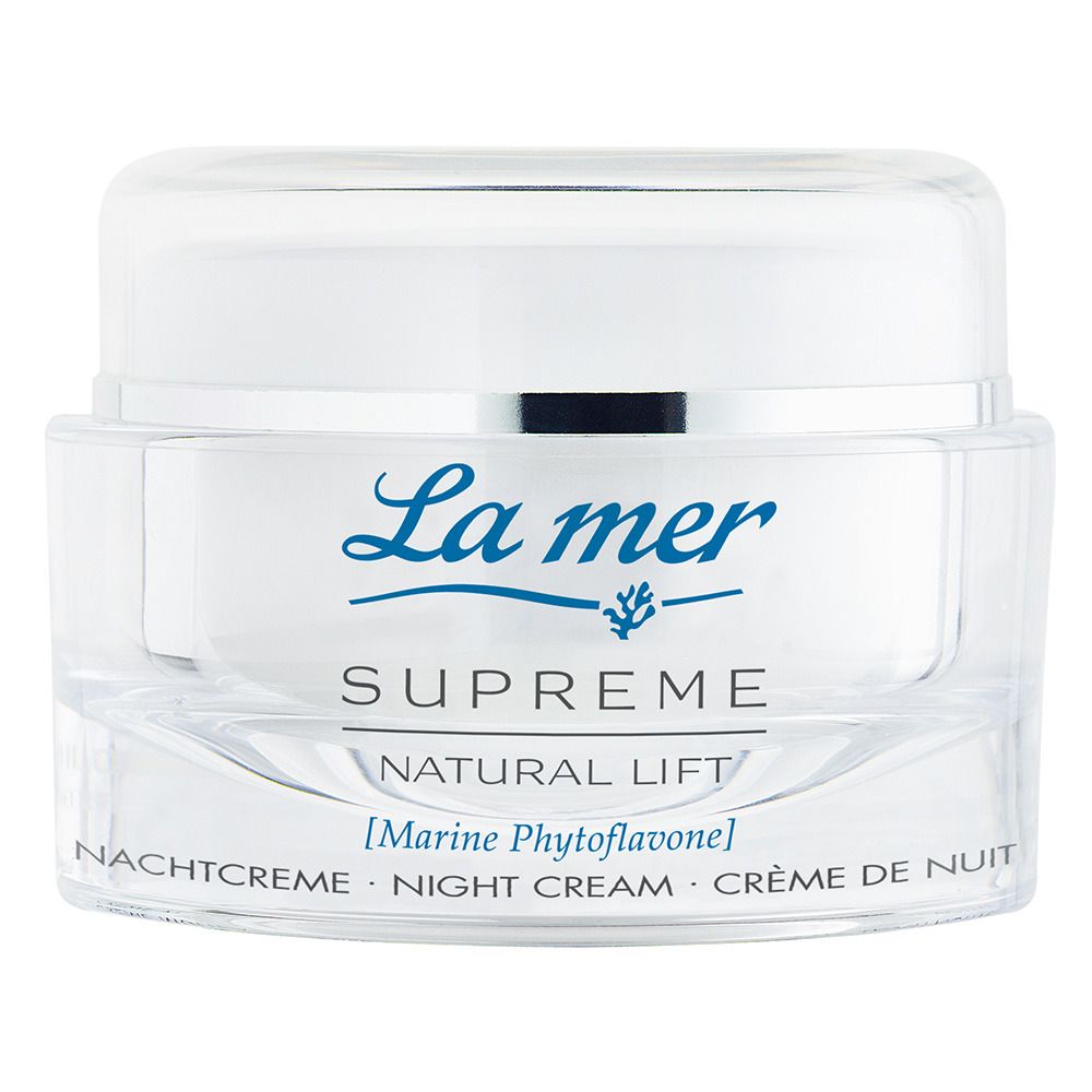 Creme-Tiegel mit Deckel. Aufschrift: La mer, SUPREME, NATURAL LIFT, Nachtcreme. Marine Phytoflavone.