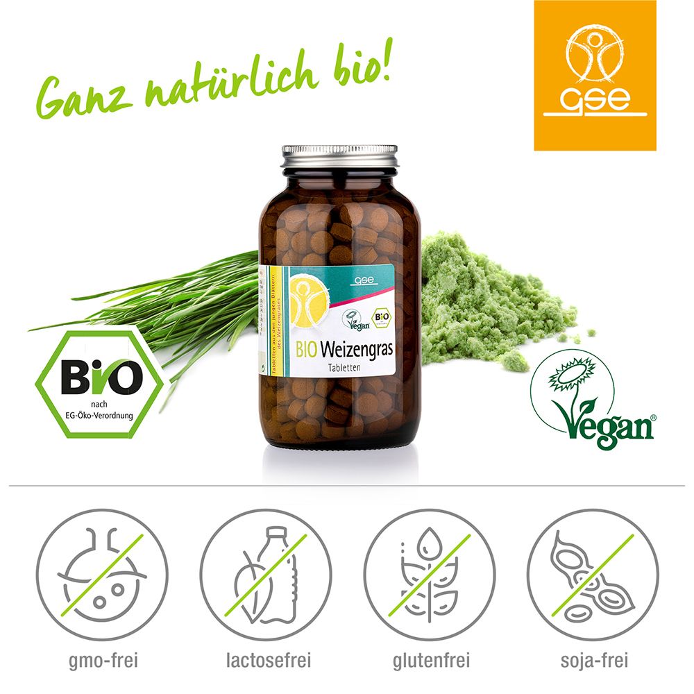 Produkt mit Weizengras-Tabletten, Weizengras und Pulver. Logos: BIO, Vegan, gmo-frei, laktosefrei, glutenfrei, sojafrei.