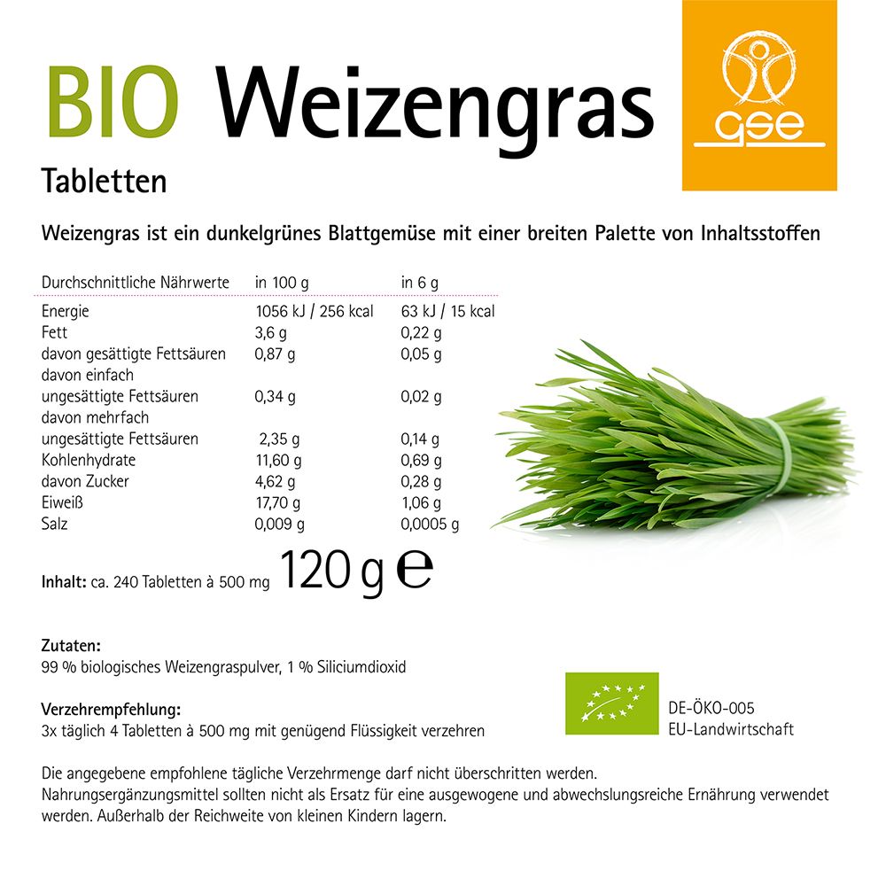 Nährwerttabelle und Zutatenliste für BIO Weizengras Tabletten. EU-Bio-Siegel. Gewicht: 120 g.