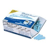 Schachtel mit GlucoSmart Einweg-Lanzetten. Blaue Lanzetten liegen daneben. Text: 200 sterile Einweg-Lanzetten.