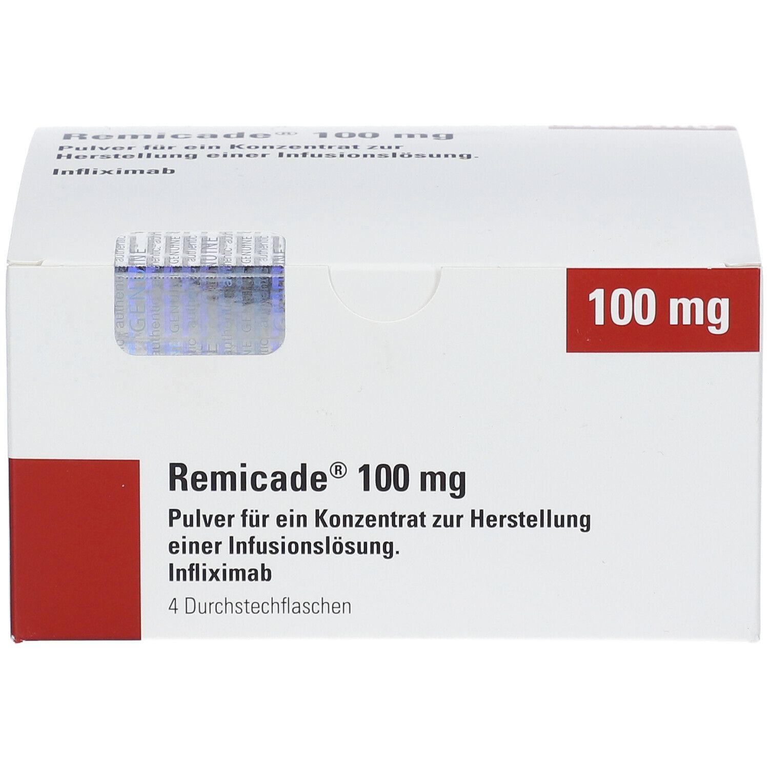 Weiße Kartonverpackung mit rotem Akzent. Aufdruck: Remicade 100 mg, Pulver zur Herstellung einer Infusionslösung. 4 Durchstechflaschen.