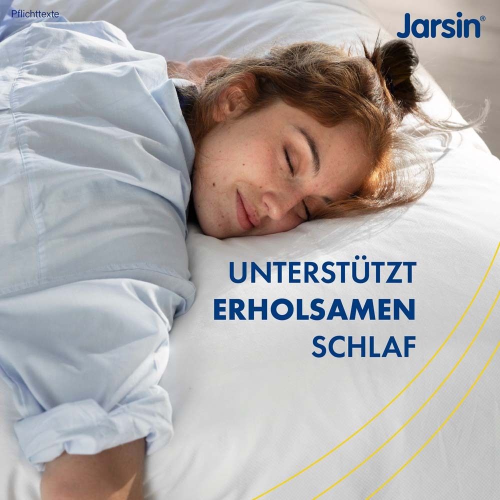 Frau schläft entspannt im Bett. Text: "Unterstützt erholsamen Schlaf". Jarsin Logo.