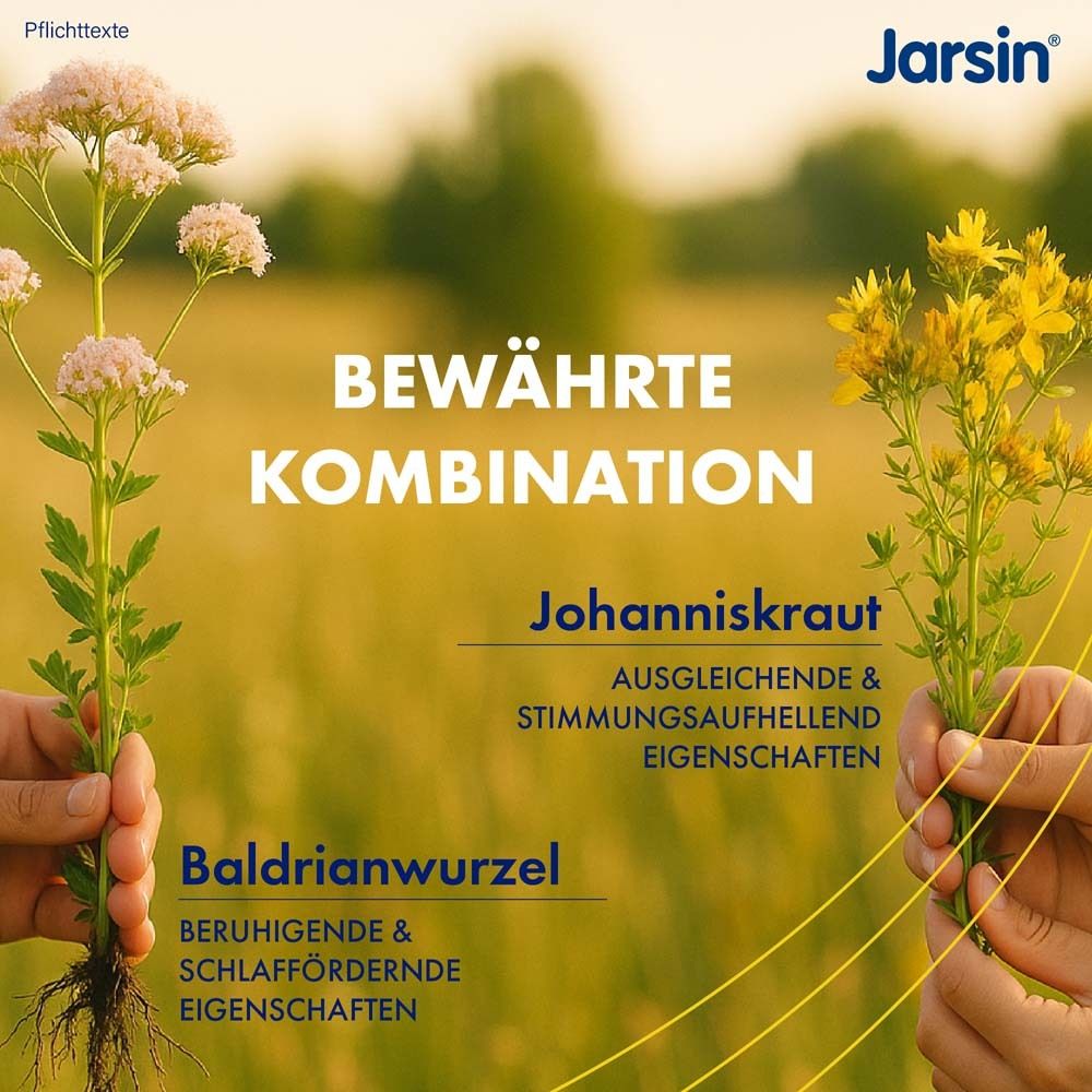 Hände halten Johanniskraut und Baldrianwurzel. Text: "Bewährte Kombination".