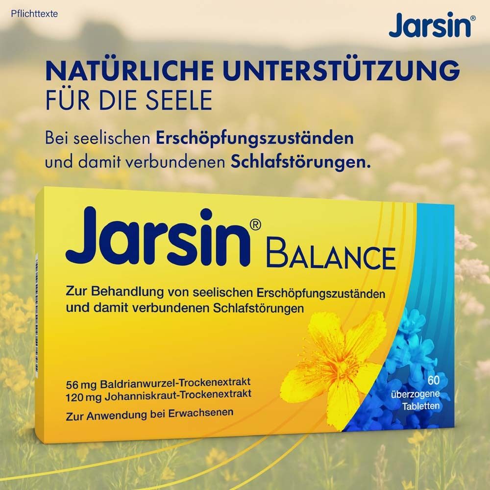 Gelbe Schachtel "Jarsin Balance" mit Text. Text: "Natürliche Unterstützung für die Seele".