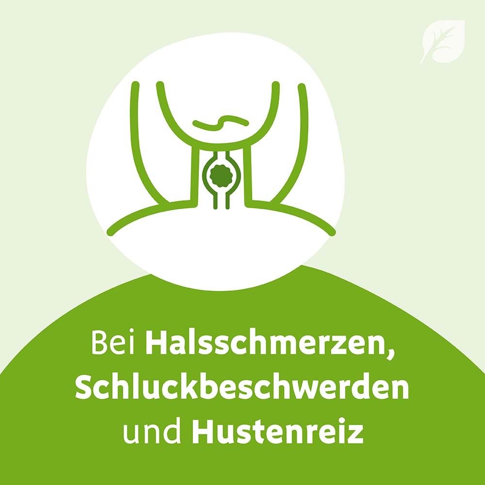 Grafik: Halsbereich. Text: Bei Halsschmerzen, Schluckbeschwerden und Hustenreiz. Grüner Hintergrund.