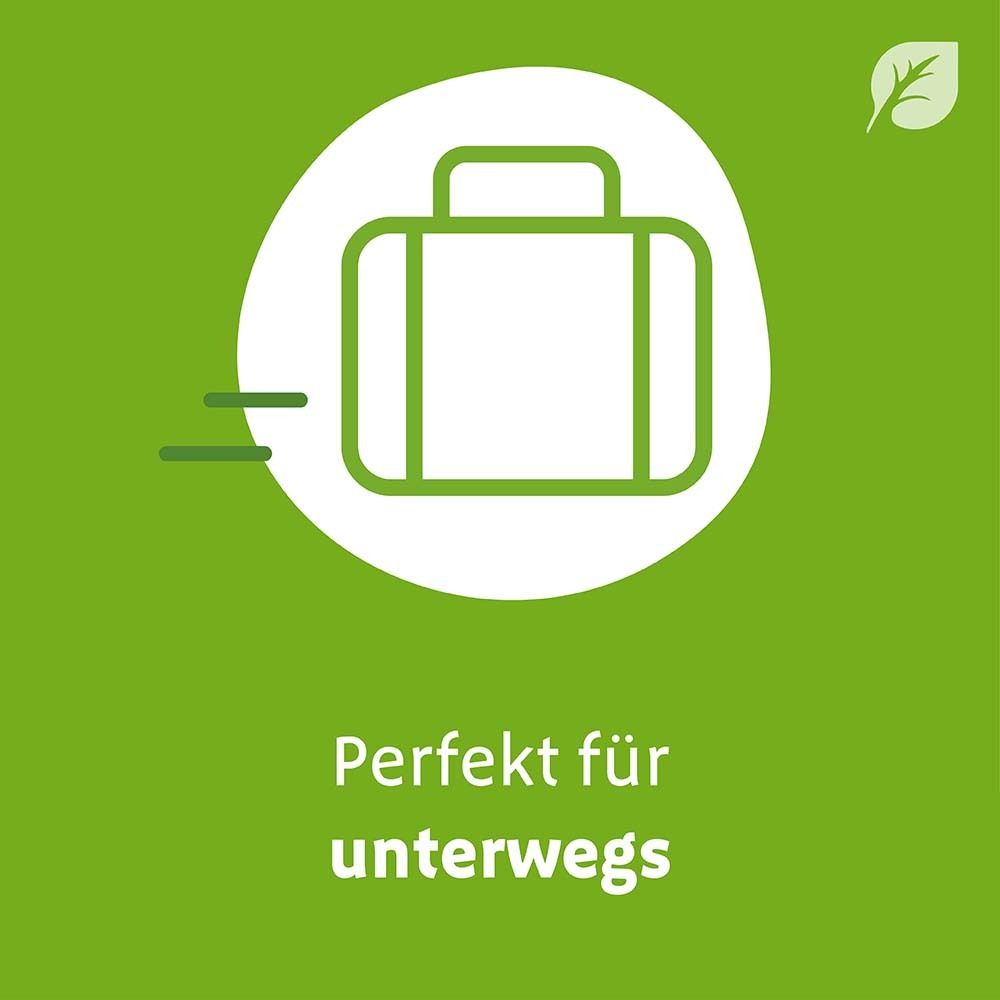 Grafik: Koffer. Text: Perfekt für unterwegs. Grüner Hintergrund.