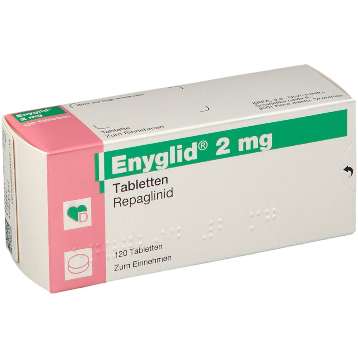 Schachtel Enyglid 2 mg Tabletten. Grün-weiß-rosa Verpackung. 120 Tabletten. Braille-Schrift.