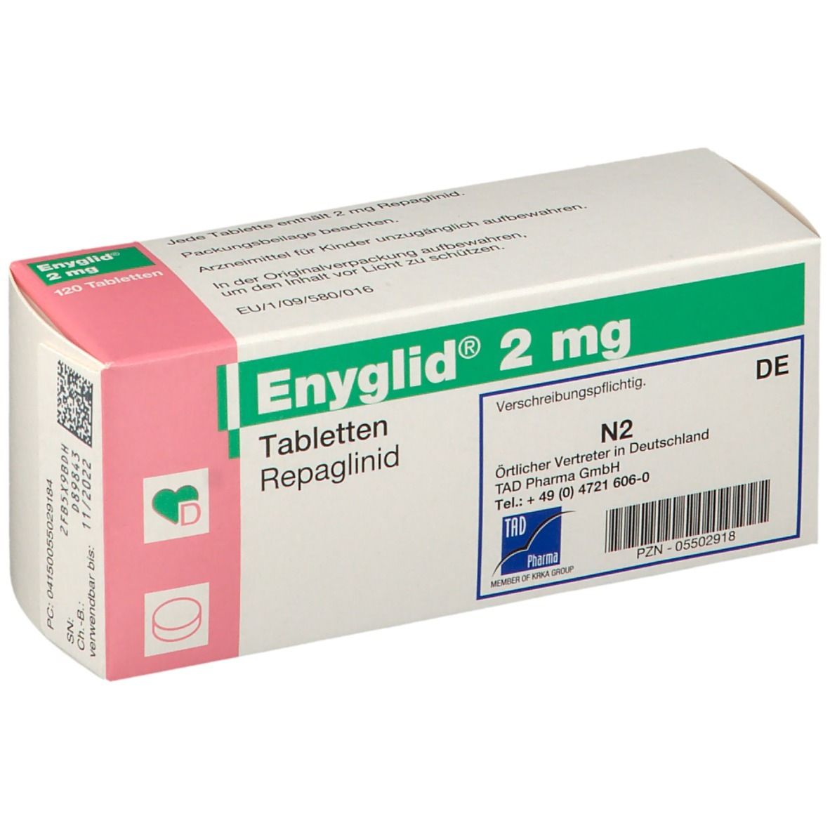 Schachtel Enyglid 2 mg Tabletten. Grün-weiß-rosa Verpackung. 120 Tabletten. Mit QR-Code.