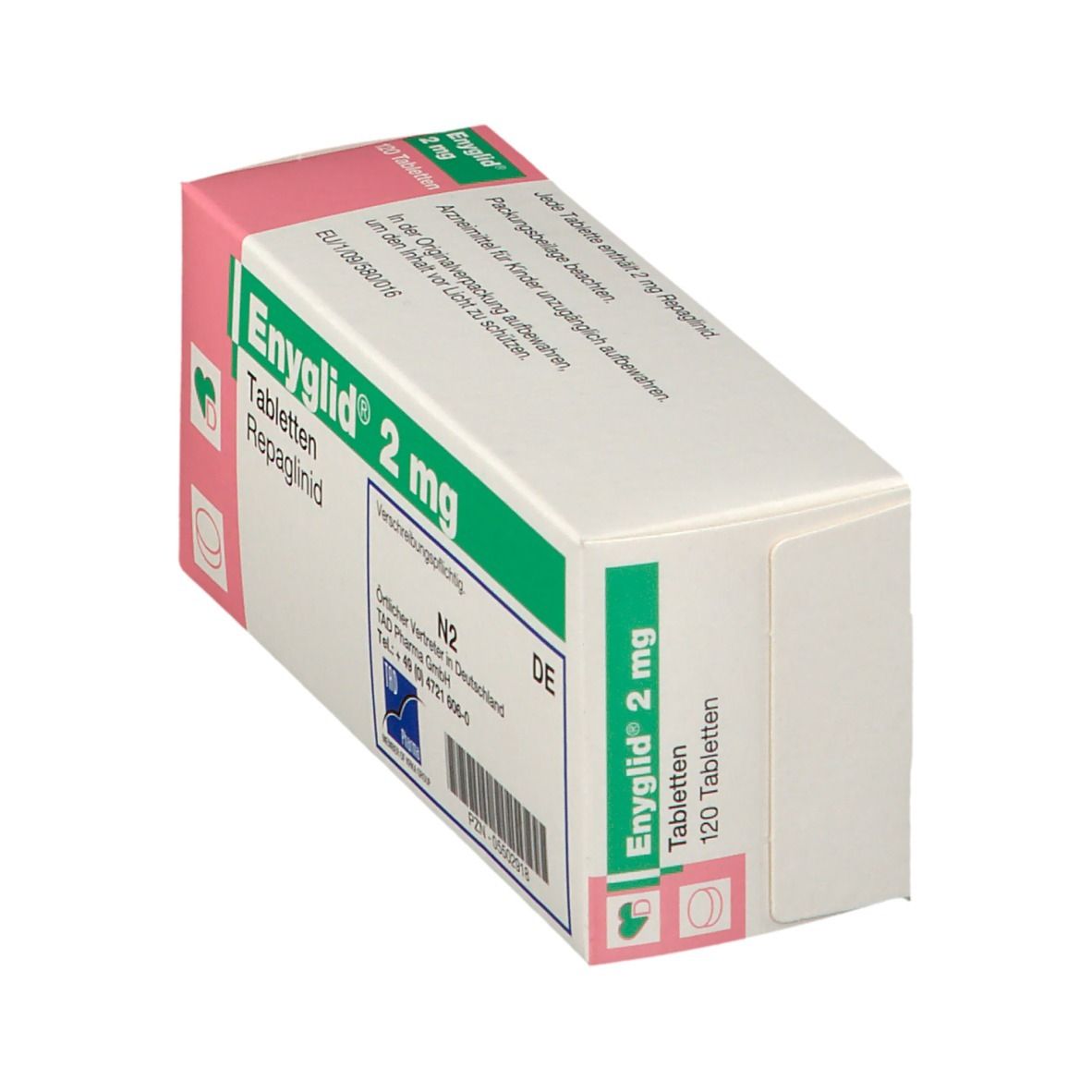 Schachtel Enyglid 2 mg Tabletten. Grün-weiß-rosa Verpackung. 120 Tabletten. Ansicht schräg.