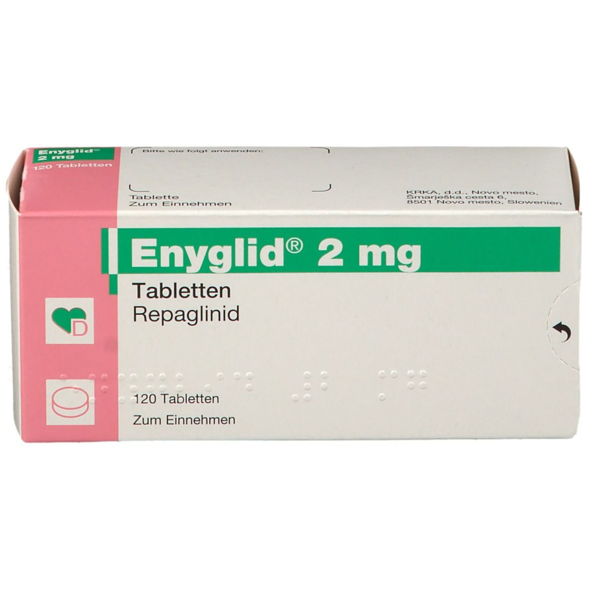 Schachtel Enyglid 2 mg Tabletten. Grün-weiß-rosa Verpackung. 120 Tabletten. Braille-Schrift.
