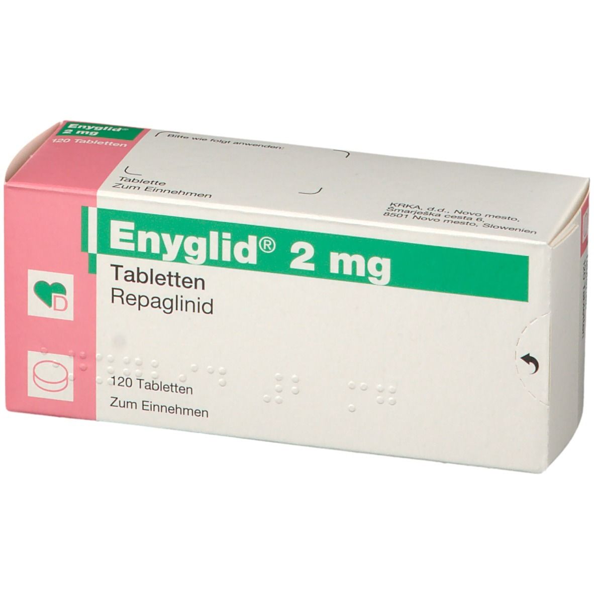 Schachtel Enyglid 2 mg Tabletten. Grün-weiß-rosa Verpackung. 120 Tabletten. Braille-Schrift.