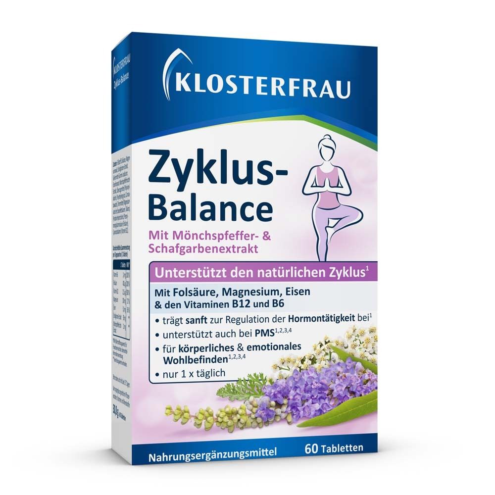 KLOSTERFRAU Zyklus-Balance. Packung mit 60 Tabletten. Enthält Mönchspfeffer- und Schafgarbenextrakt. Nahrungsergänzungsmittel.